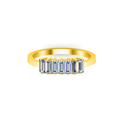 RKC Moissanit-Baguette-Ring mit sieben Steinen, Verlobungsring aus 925er Silber, 14 Karat Gelbgold vergoldet, Gewicht 1,60 g, Breite 1,50 mm