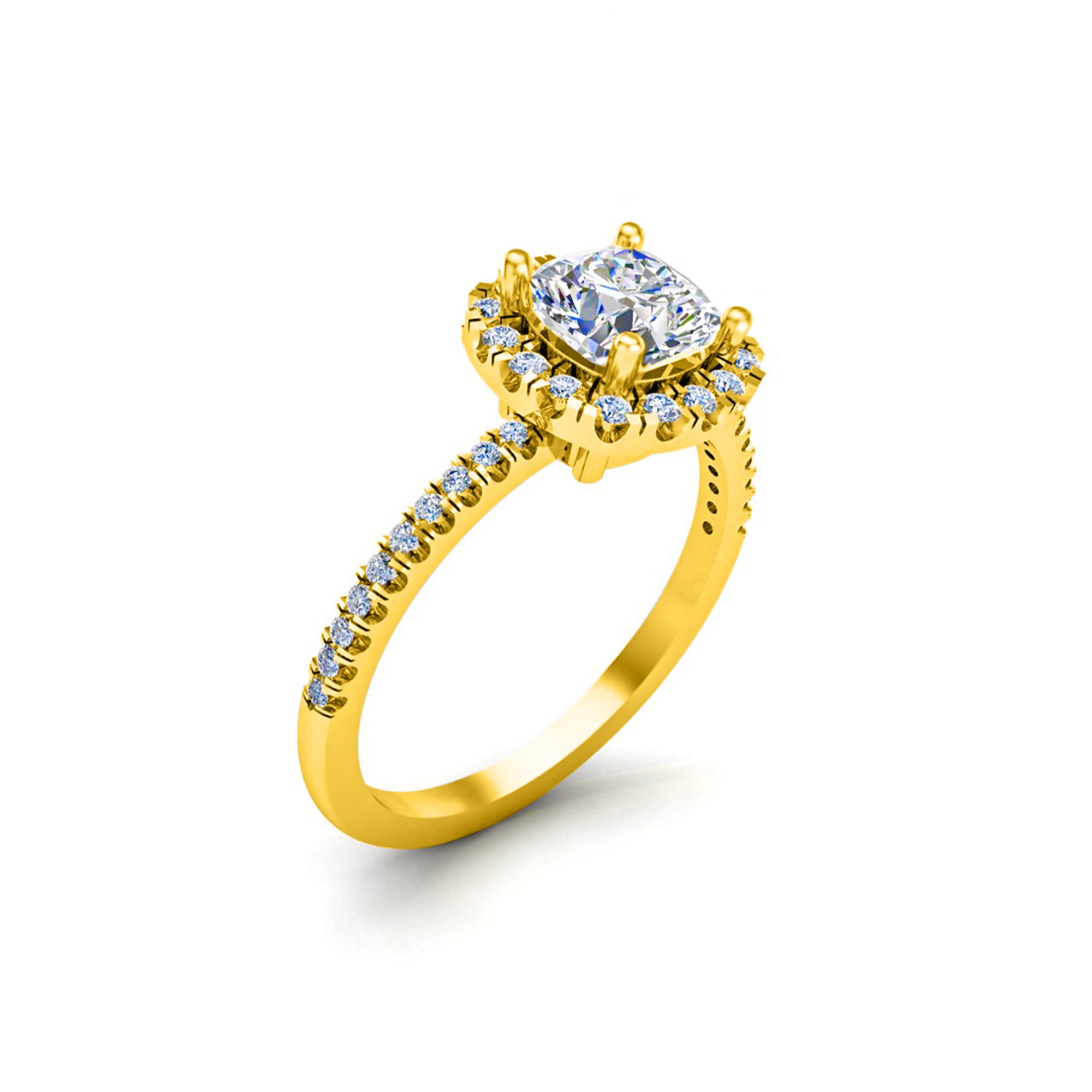 Anello da donna RKC con taglio a cuscino Moissanite Halo per occasioni speciali, argento sterling 925 placcato oro giallo 14 carati, peso 2,20 g, larghezza 1,60 mm