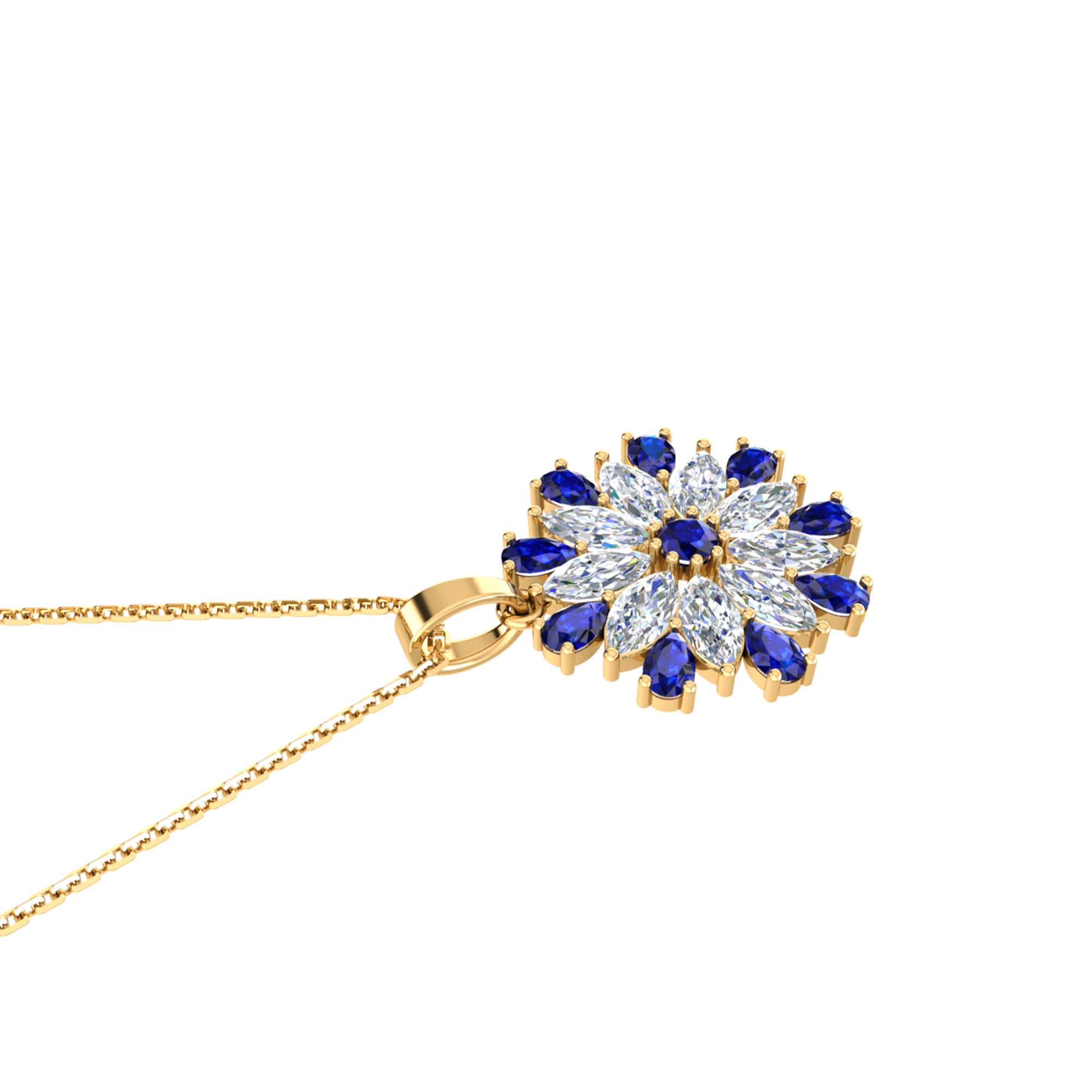 RKC Pear Cut Blue Sapphire And Diamond Flower Pendant With Chain