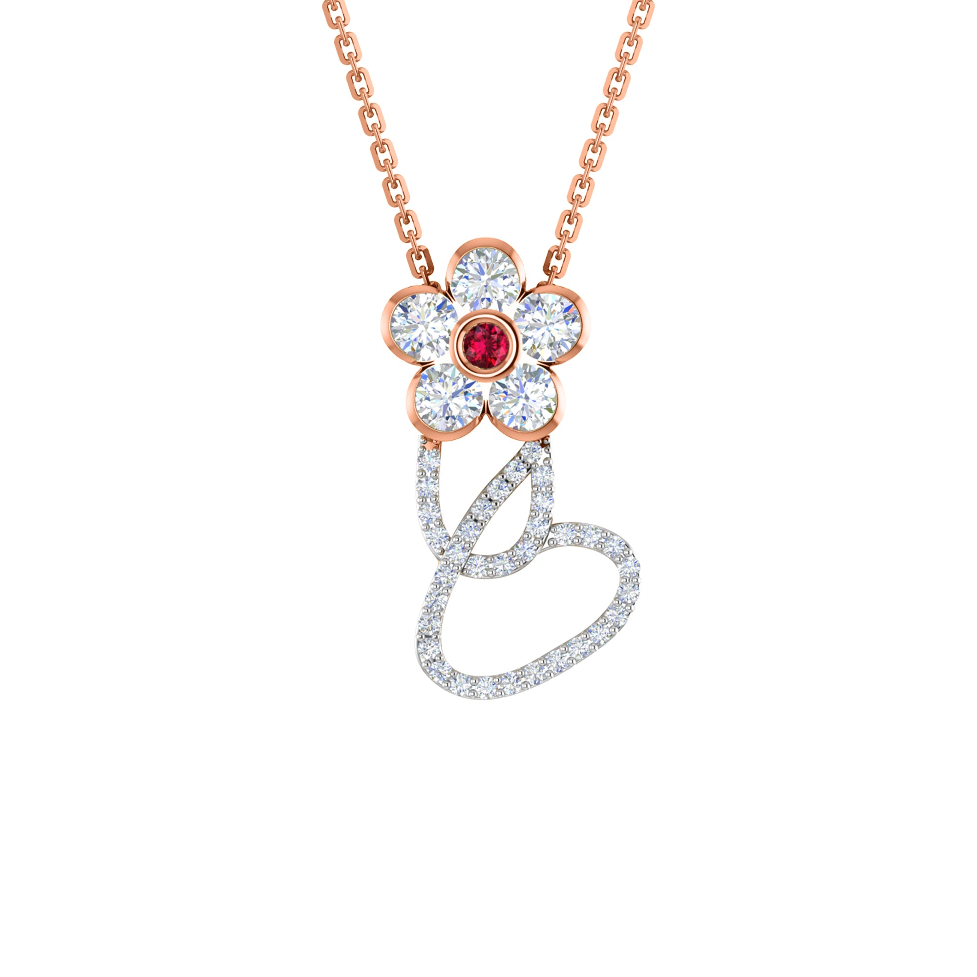 RKC 1,65 Karat Moissanit-Blumenanhänger, 925er Silberschmuck, 14 Karat Roségold vergoldet, Gewicht 4,90 g, Höhe 26,00 mm