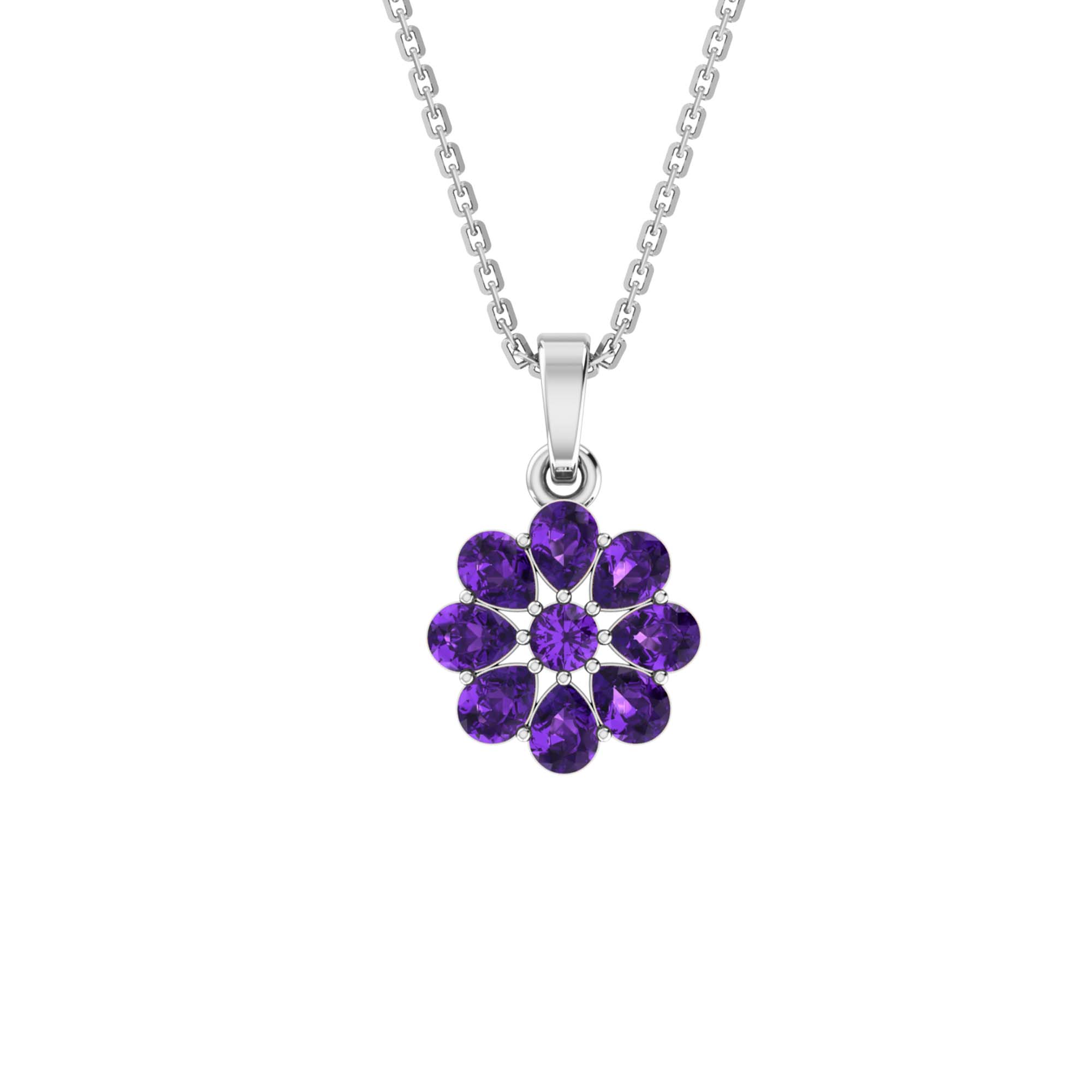 RKC Silver Pear & Round Cut Sapphire Flower Pendant With Link Chain Gold Plated