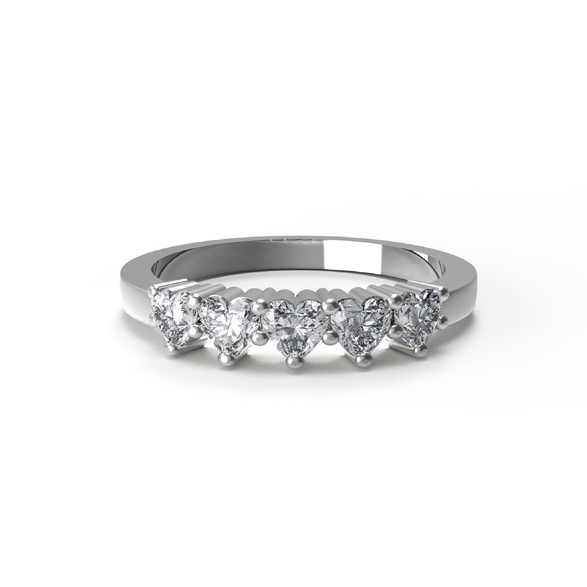 RKC Moissanit-Ehering mit fünf Herzschliff, 14 Karat Gelbgold plattiert, 925er Silber, Damenring, Gewicht 2 g, Breite 2 mm
