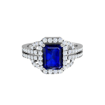 Anello di fidanzamento con pietra preziosa RKC, zaffiro e moissanite, argento sterling 925, placcato oro bianco 14 carati, peso 4 g, larghezza 2,30 mm