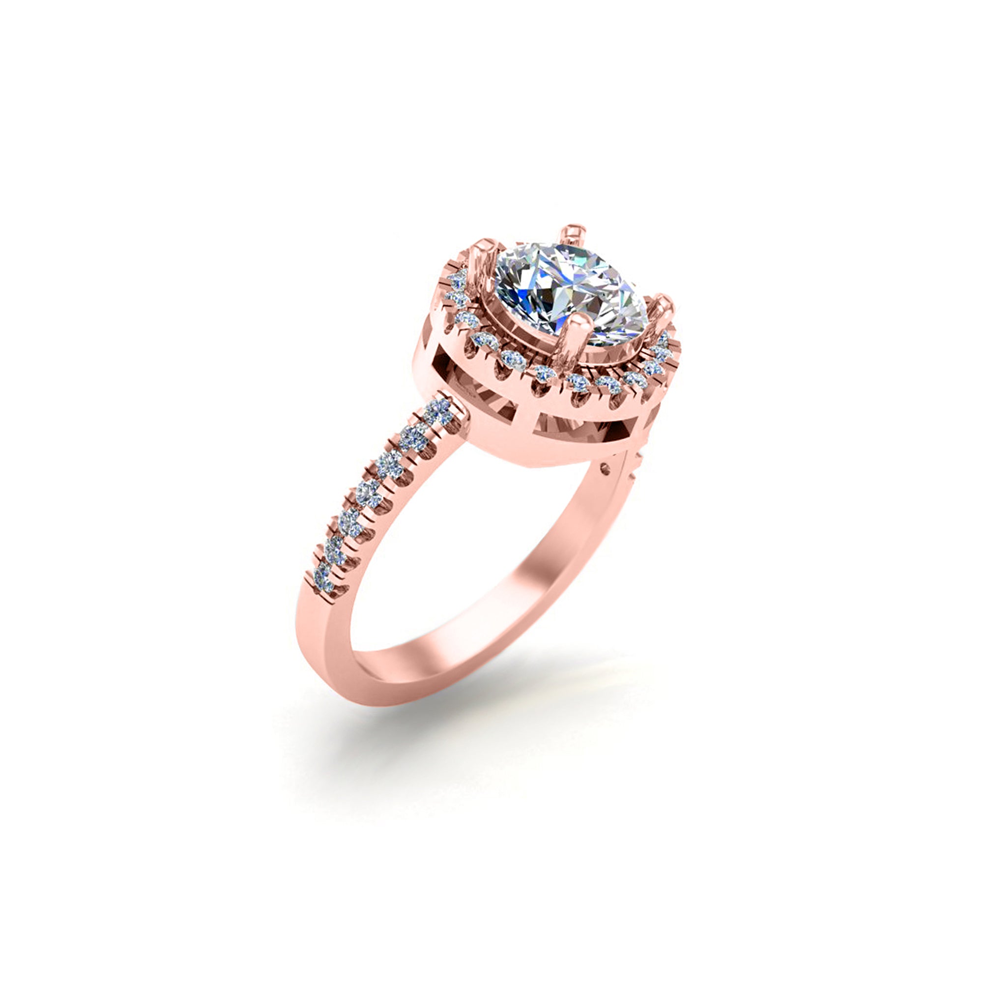 RKC Runder Moissanit-Halo-Solitärring mit Akzenten, Verlobungsring für Sie, 925er Silber, 14 Karat Gelbgold plattiert, Gewicht 3,70 g, Breite 2,60 mm