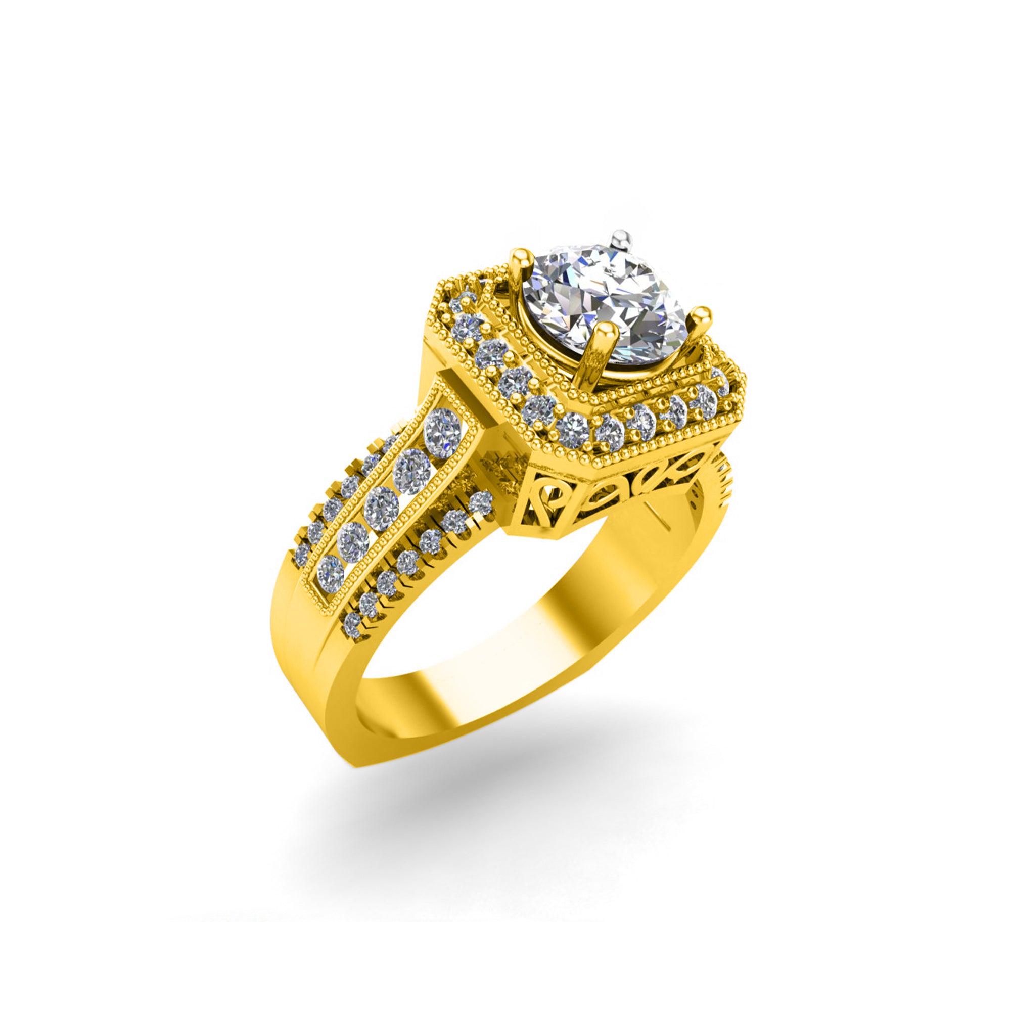 RKC Runder Moissanit-Verlobungs-Halo-Ring für Damen, 925er Silber, 14 Karat Gelbgold vergoldet, Gewicht 6,50 g, Breite 3,50 mm