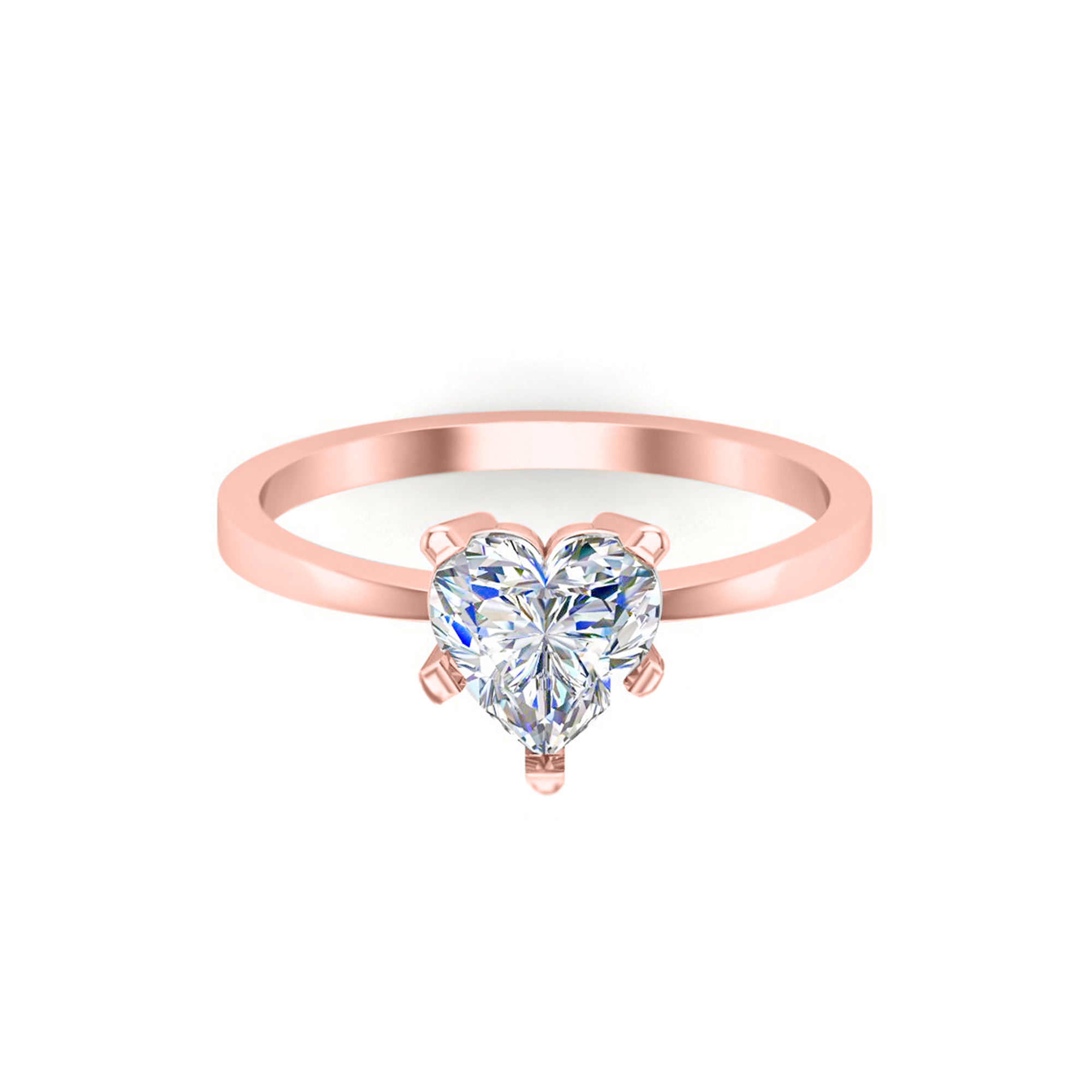 RKC Moissanit Schöner herzförmiger Solitärring aus 925er Sterlingsilber, 14 Karat Roségold vergoldet, Gewicht 1,90 g, Breite 1,50 mm