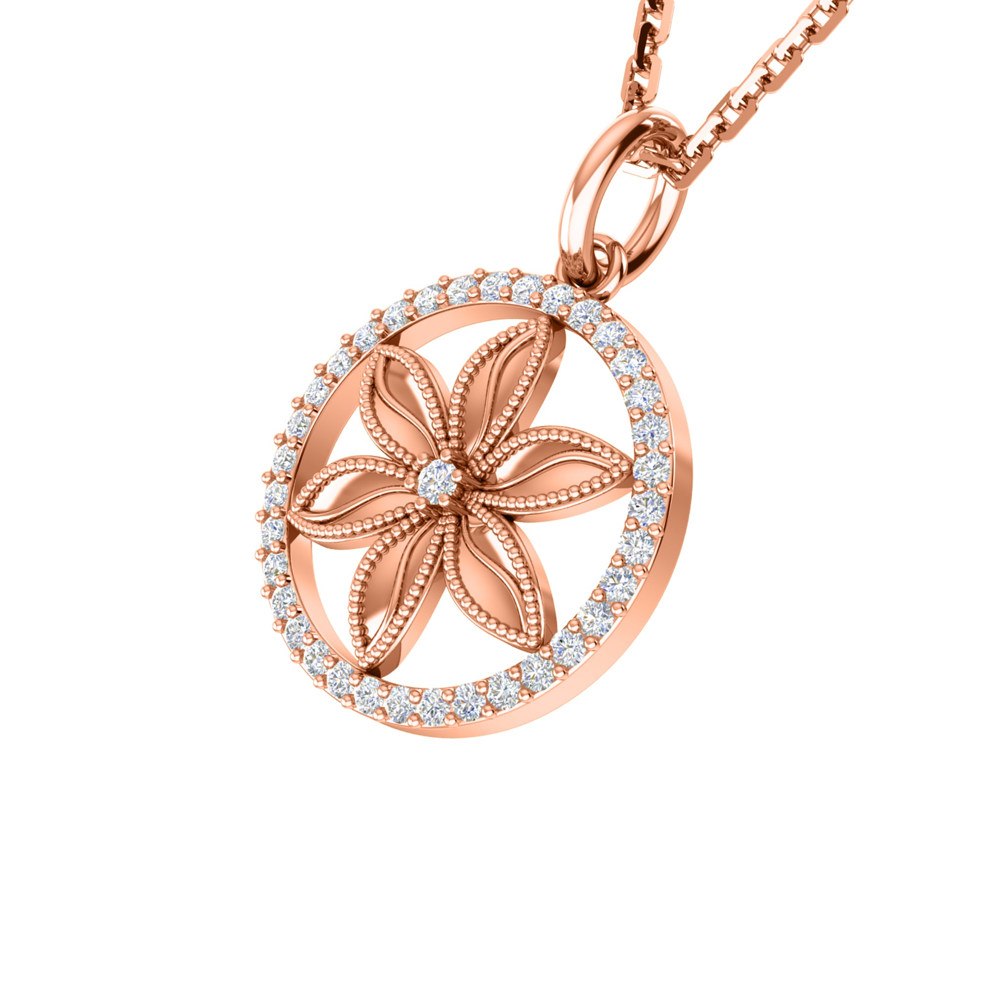 RKC 0,33 Karat Blumen-Moissanit-Anhänger, 925er Silberschmuck, 14 Karat Roségold vergoldet, Gewicht 4,10 g, Höhe 21,80 mm