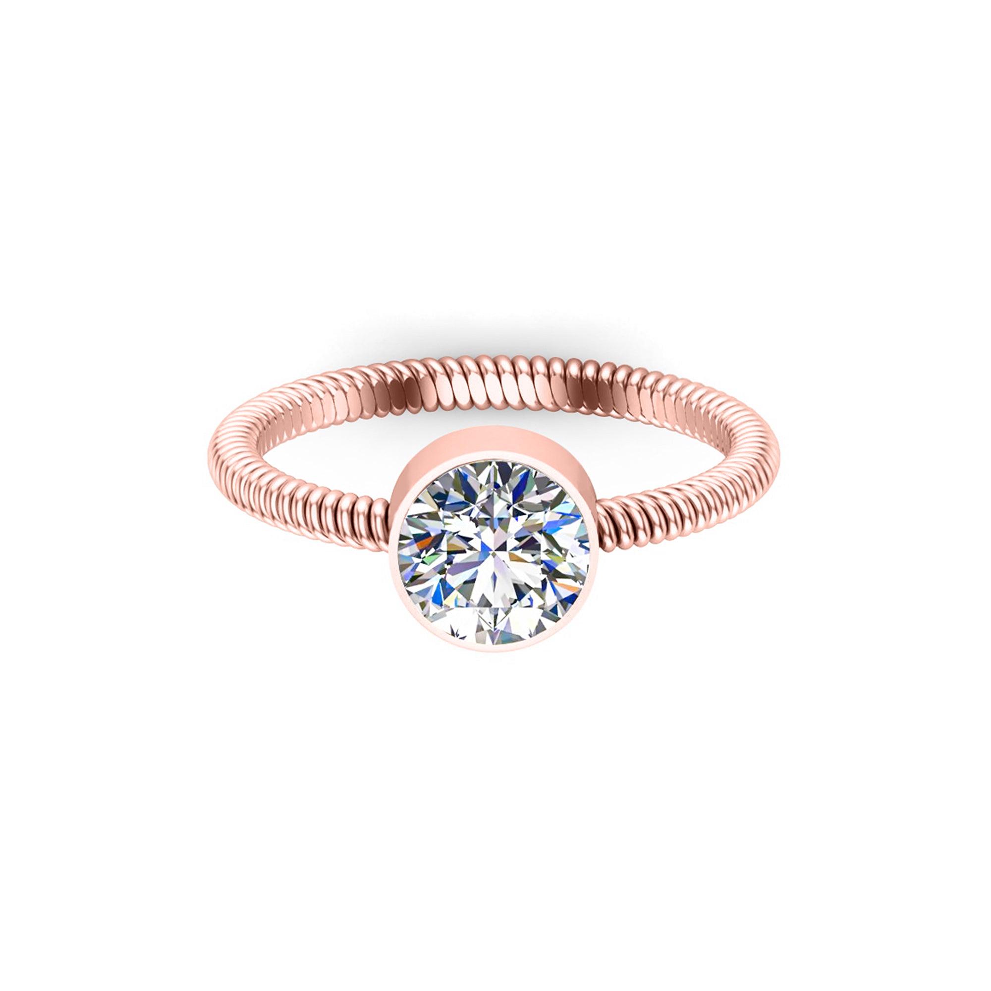 Anello con castone solitario unisex rotondo in moissanite rotondo RKC in argento 925 placcato in oro rosa 14 carati peso 1,80 g larghezza 1,70 mm