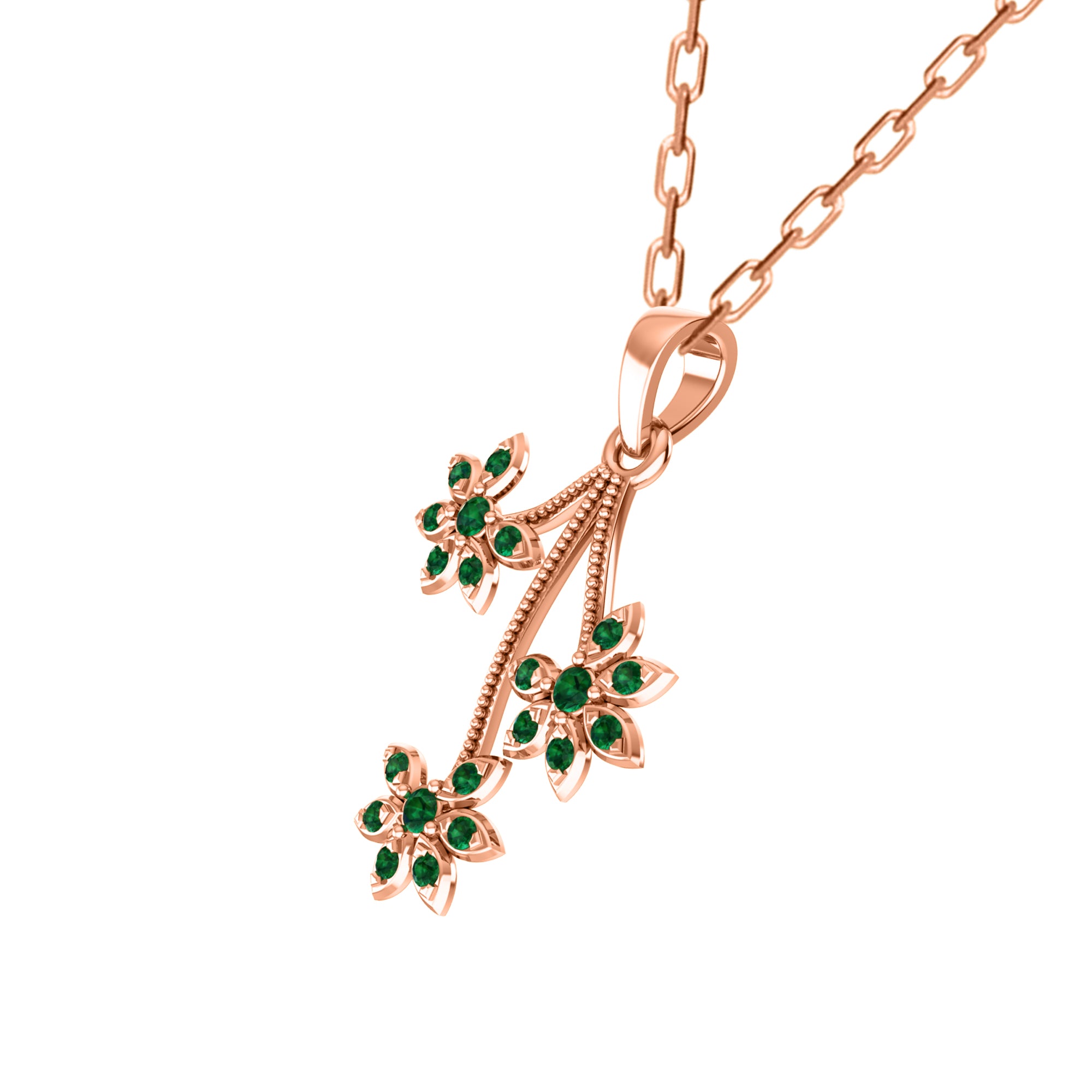 RKC 0,27 Karat Smaragd-Blumenanhänger, 925er Silberschmuck, 14 Karat Roségold vergoldet, 4,60 WT, Höhe 26,50 mm