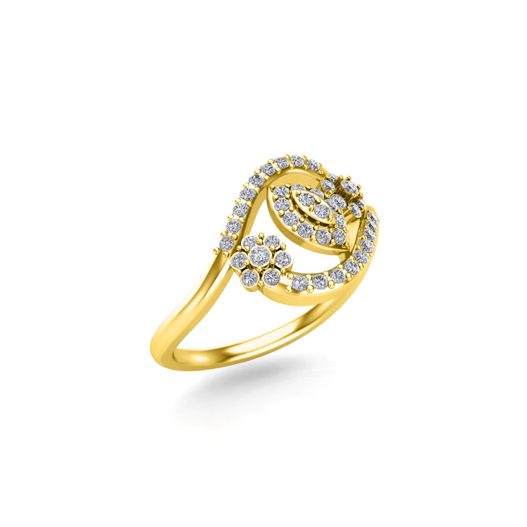 Anello da donna rotondo con fiore bypass in moissanite RKC, argento sterling 925 placcato in oro giallo 14 carati, peso 3,80 g, larghezza 1,70 mm