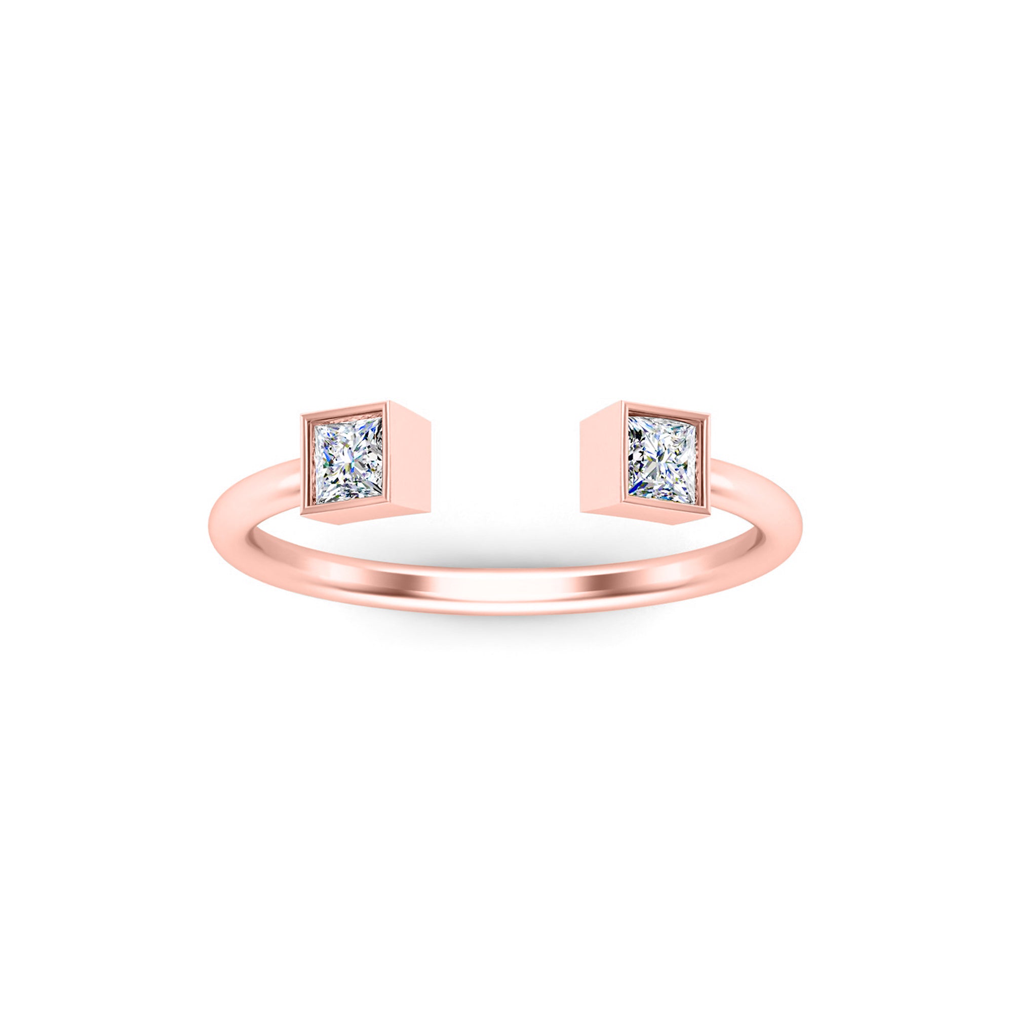 RKC-Moissanit-Prinzessin-Schliff-Ring mit offenem Band, zierlicher Ring aus 925er-Sterlingsilber, 14-Karat-Rosévergoldung, Gewicht 1,30 g, Breite 1,60 mm