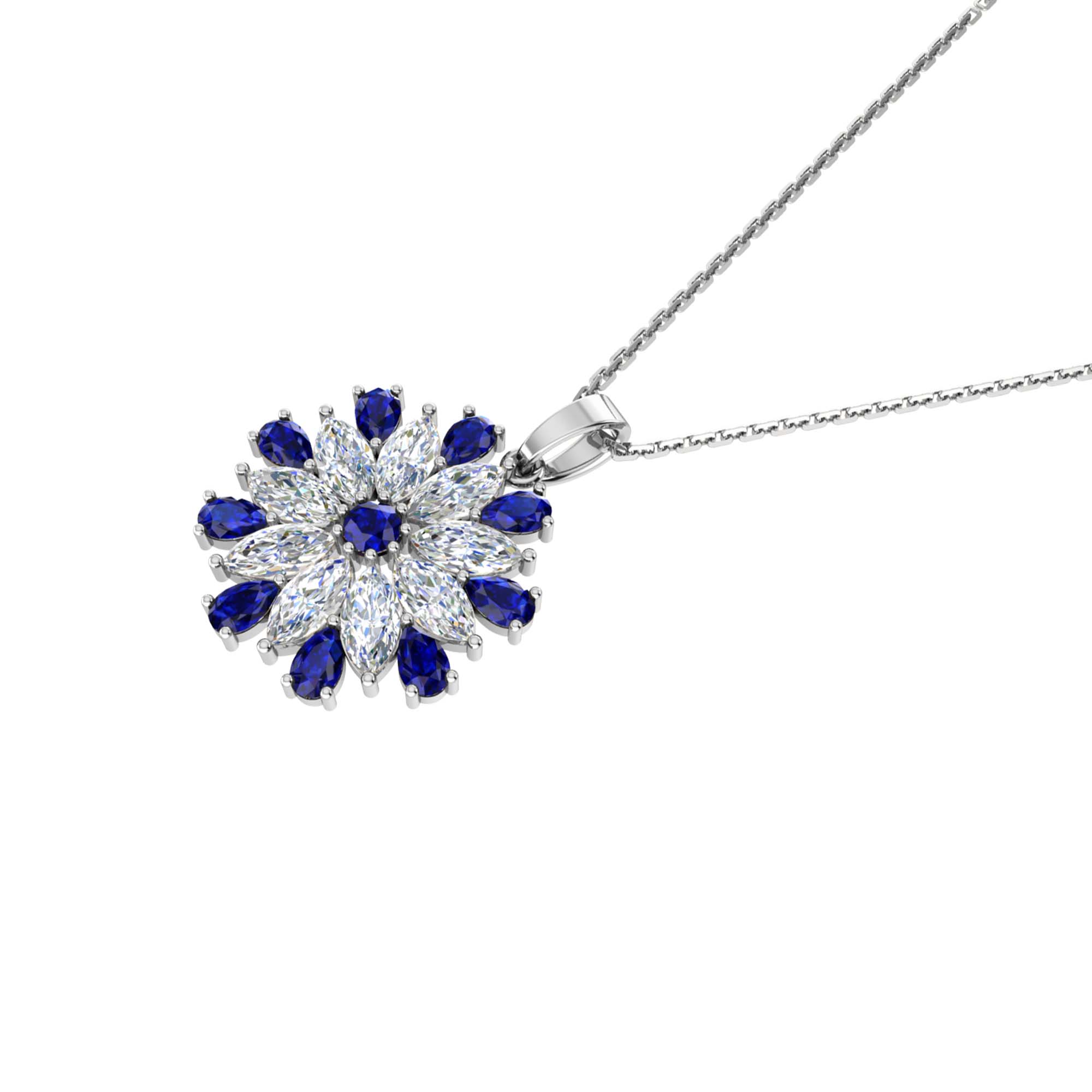 RKC Pear Cut Blue Sapphire And Diamond Flower Pendant With Chain