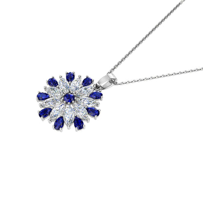 RKC Pear Cut Blue Sapphire And Diamond Flower Pendant With Chain