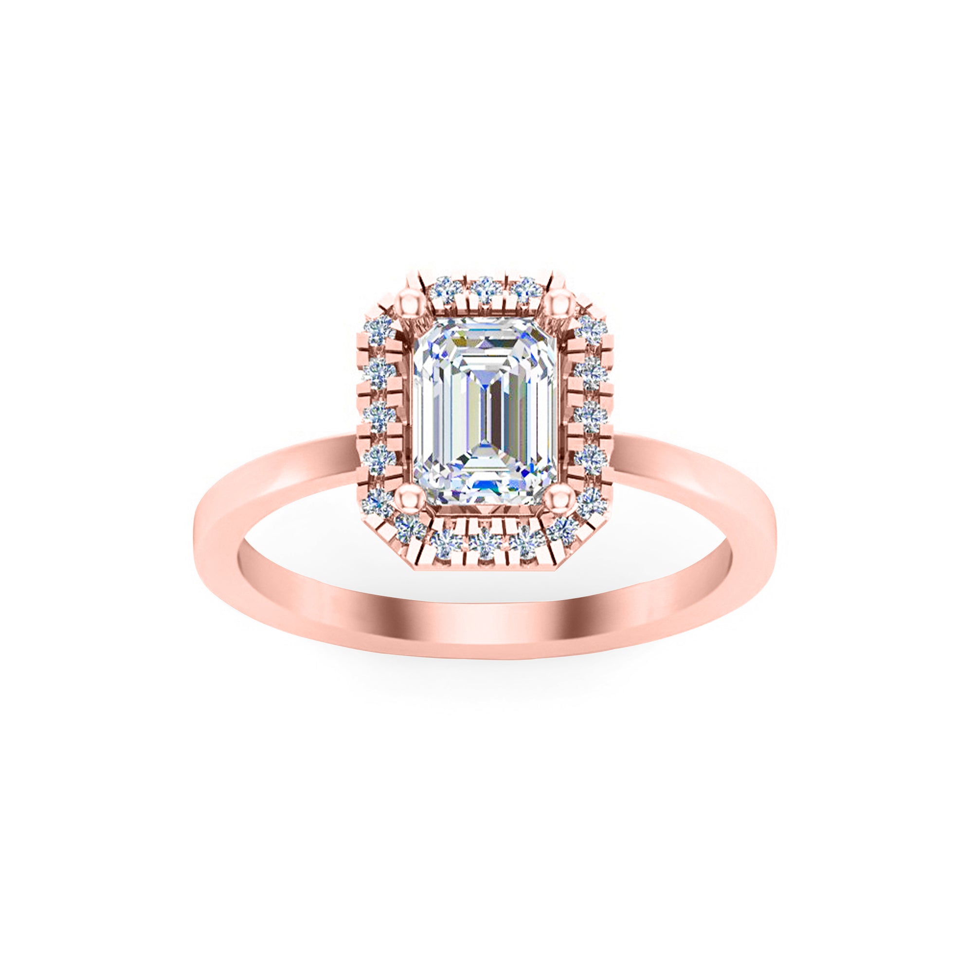 Anello di fidanzamento RKC con moissanite taglio smeraldo Halo, argento sterling 925 placcato oro giallo, peso 2,10 g, larghezza 1,50 mm