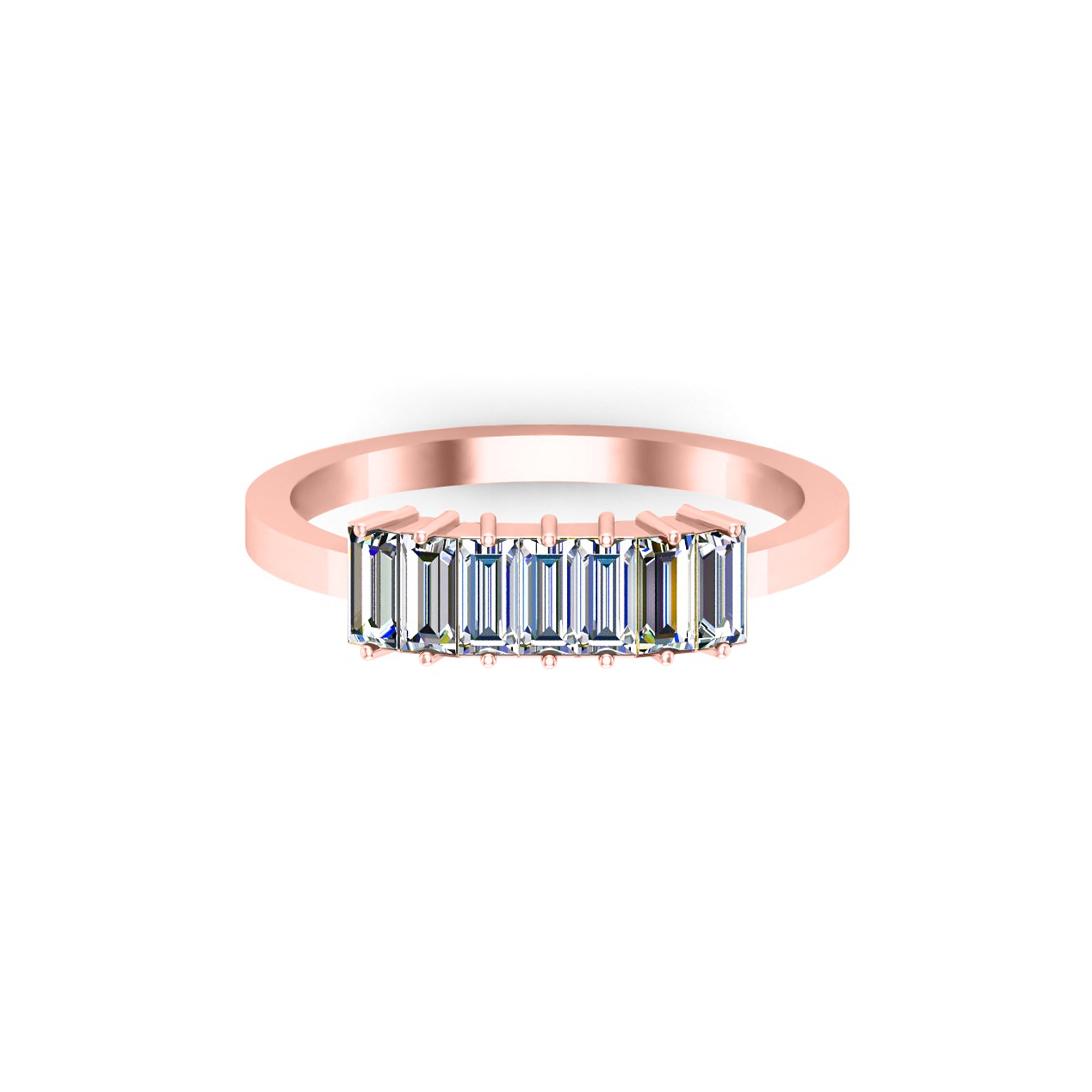 RKC Moissanit-Baguette-Ring mit sieben Steinen, Verlobungsring aus 925er Silber, 14 Karat Gelbgold vergoldet, Gewicht 1,60 g, Breite 1,50 mm