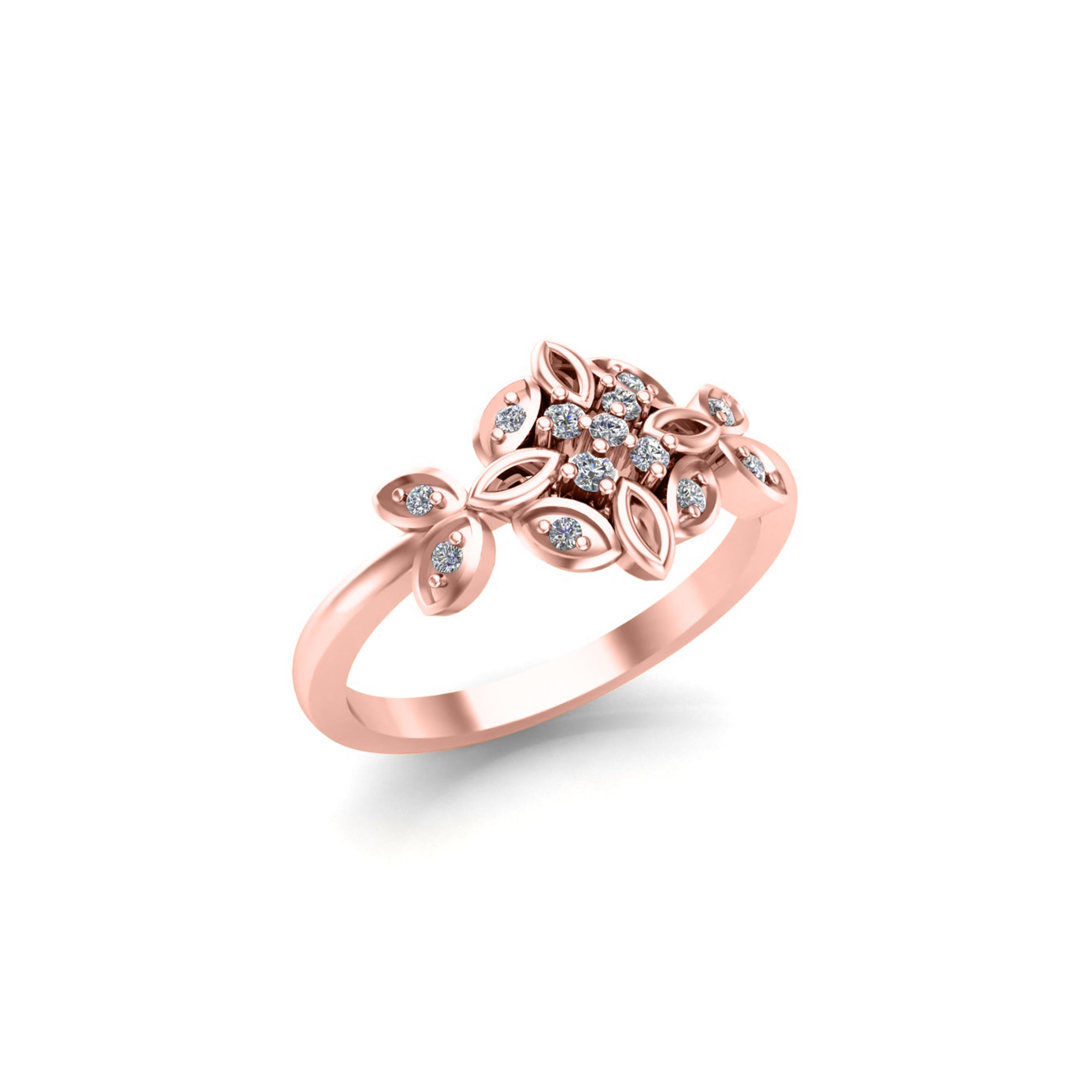 RKC Damenring in Form einer Moissanit-Blüte, 14 Karat rosévergoldet, 925er-Sterlingsilber, Gewicht 2,30 g, Breite 2 mm