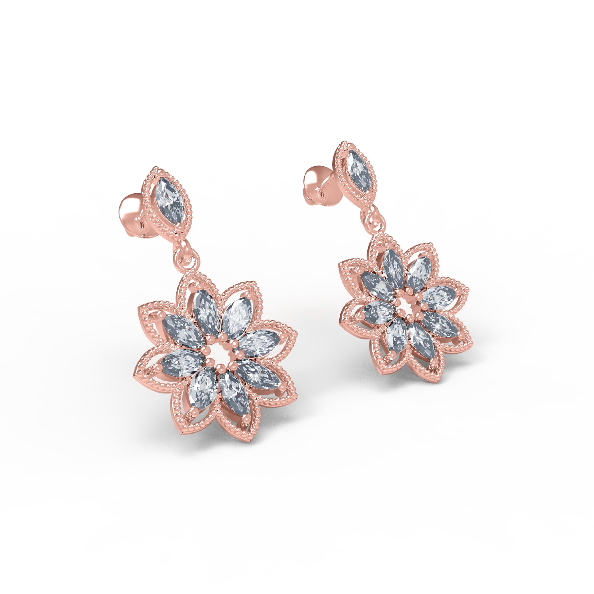 Orecchino da donna a goccia marquise in argento sterling RKC 925 con rosa 14k su peso 6,50 GM, altezza 32,50 mm