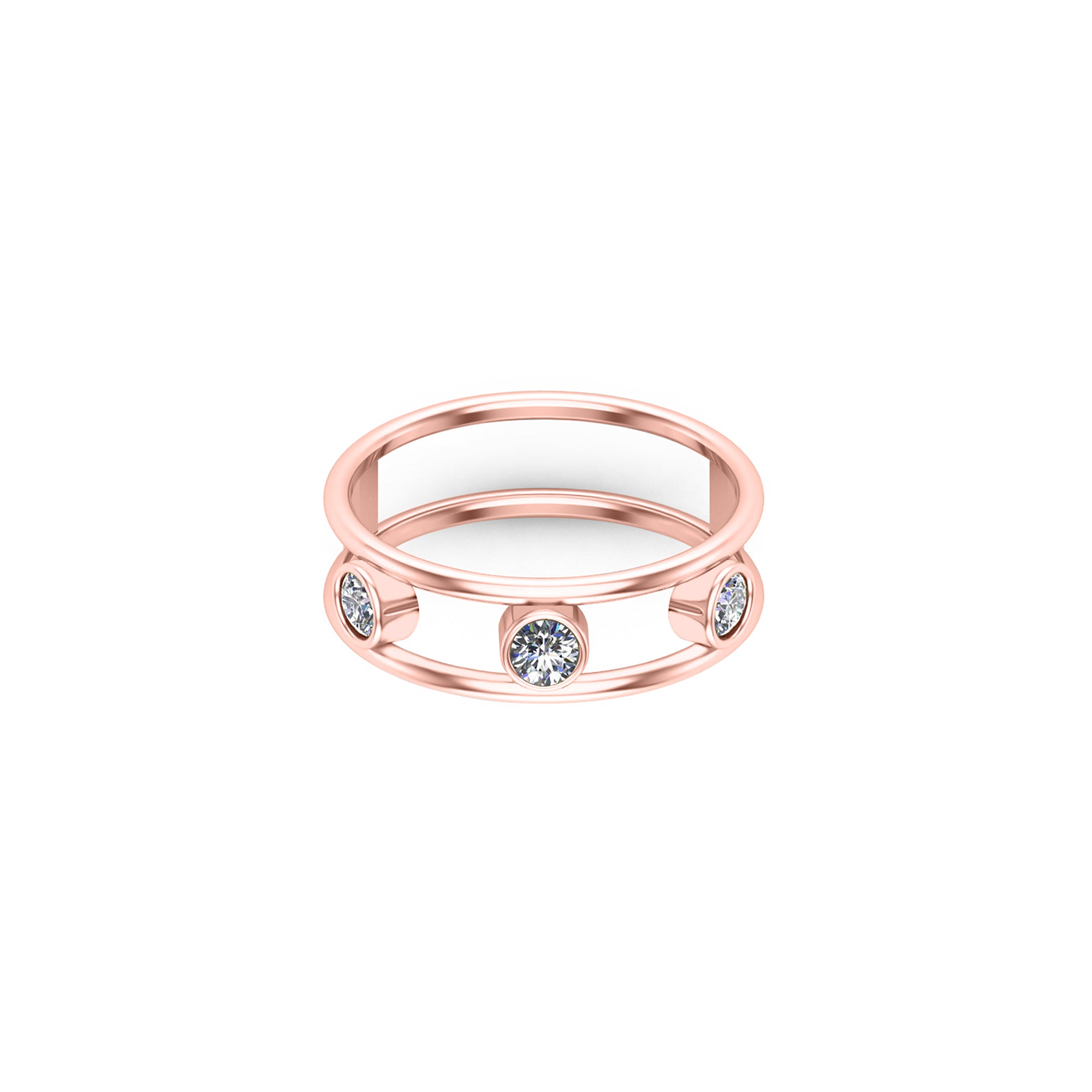 RKC 3 mm Moissanit-Ehering mit drei Lünetten als Geschenk, 925er Silber, 14 Karat Roségold vergoldet, Gewicht 2,20 g, Breite 6 mm