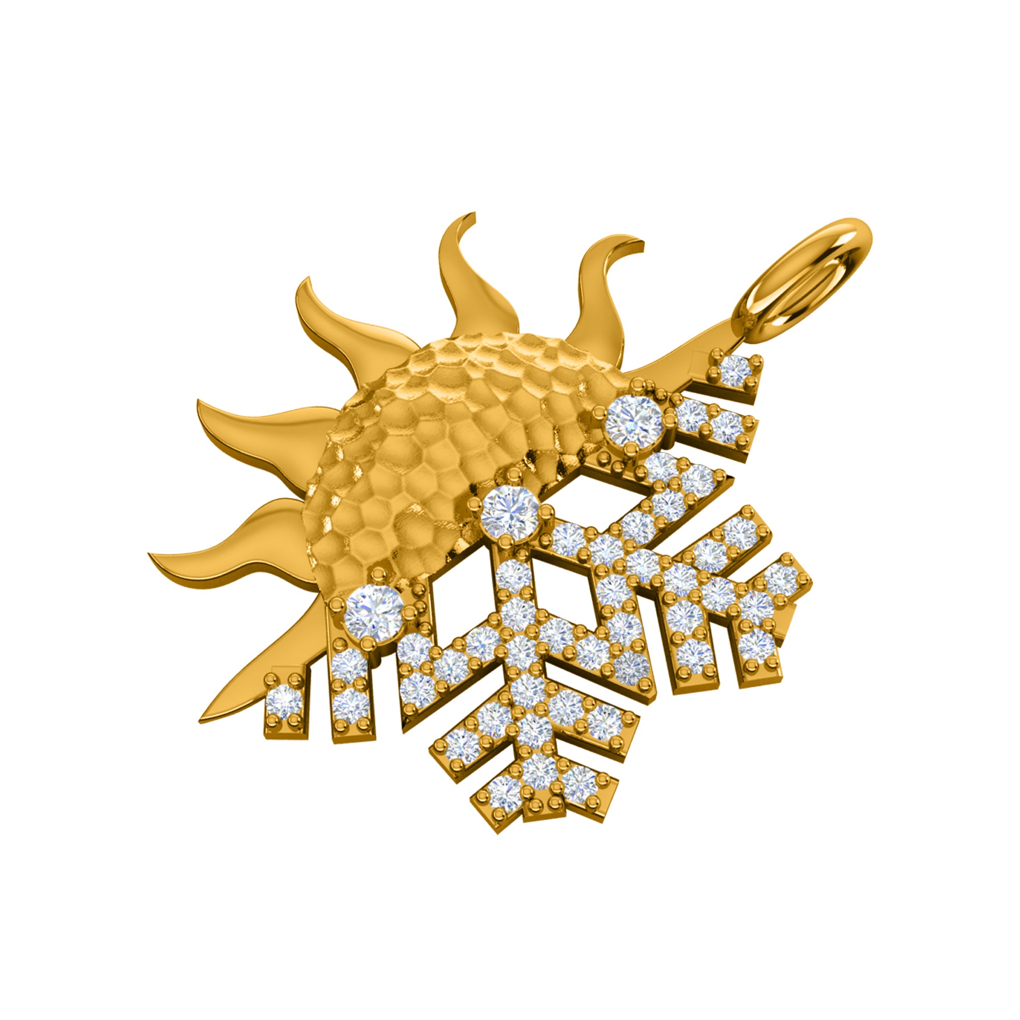 RKC Ciondolo con sole e fiocco di neve in moissanite da 0,47 ct, gioielli in argento 925, placcato in oro giallo 14 carati, peso 4,50 g, altezza 29 mm