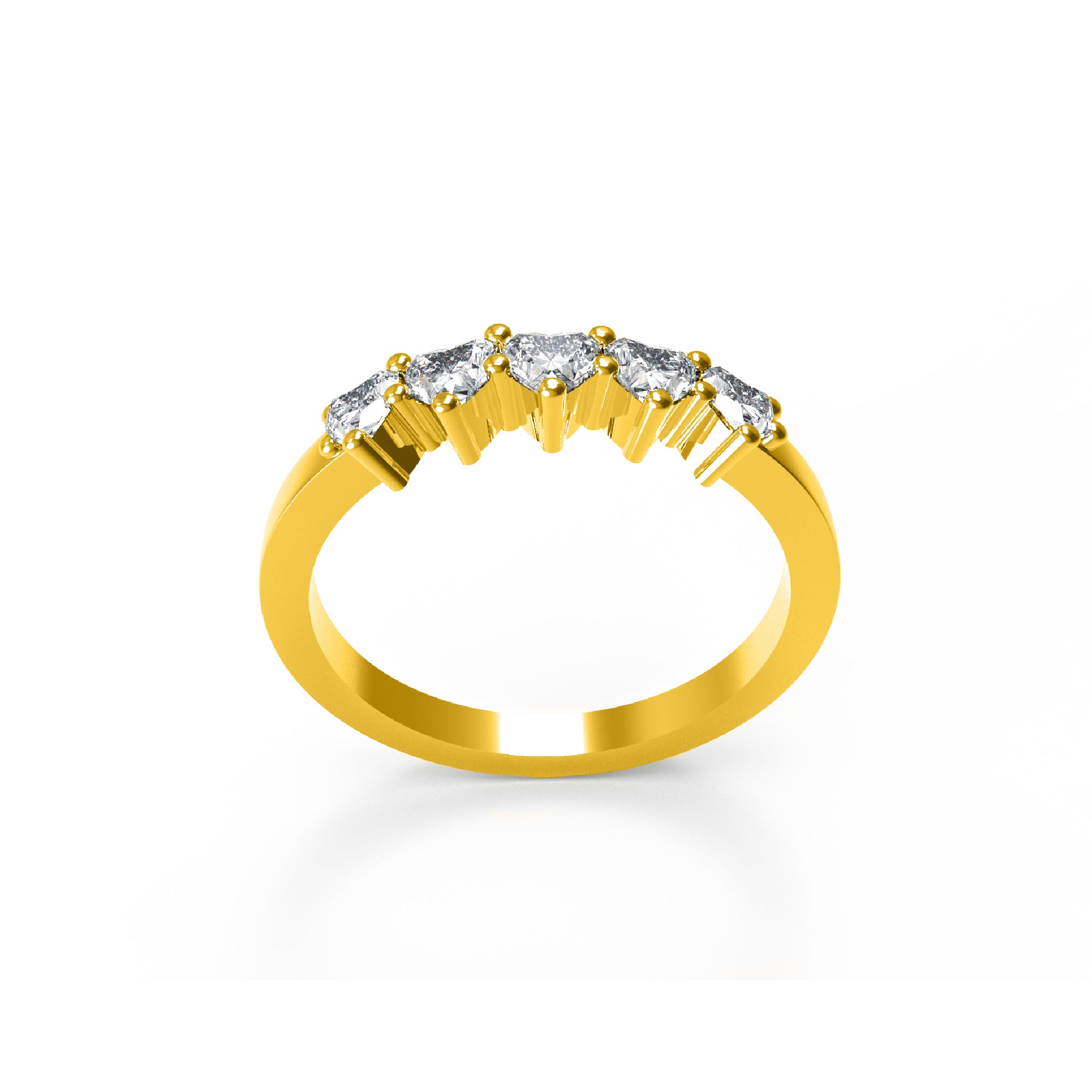 RKC Moissanit-Ehering mit fünf Herzschliff, 14 Karat Gelbgold plattiert, 925er Silber, Damenring, Gewicht 2 g, Breite 2 mm