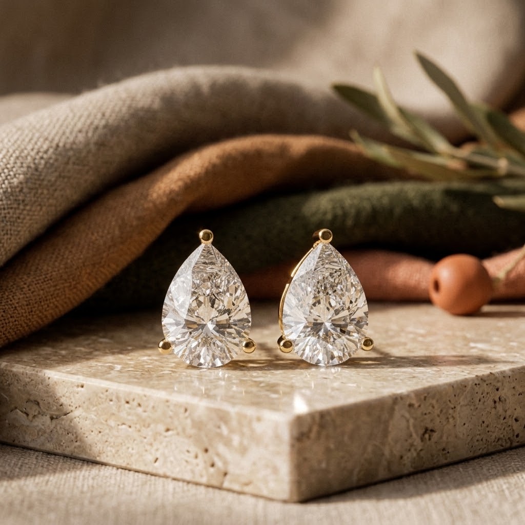 925 Silver Pear-Cut Moissanite 3-Prong Solitaire Stud Earrings – 14K Gold Plated