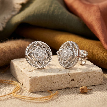 925 Silver Moissanite Sacred Geometry Mandala Stud Earrings – 14K Gold Plated