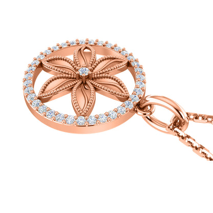 RKC 0,33 Karat Blumen-Moissanit-Anhänger, 925er Silberschmuck, 14 Karat Roségold vergoldet, Gewicht 4,10 g, Höhe 21,80 mm