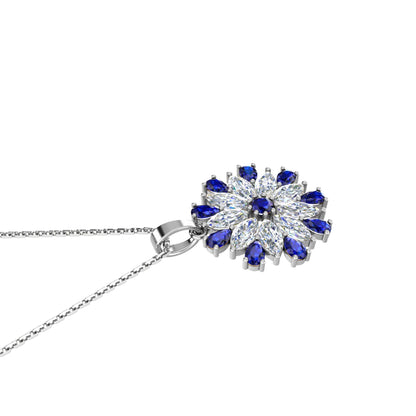RKC Pear Cut Blue Sapphire And Diamond Flower Pendant With Chain