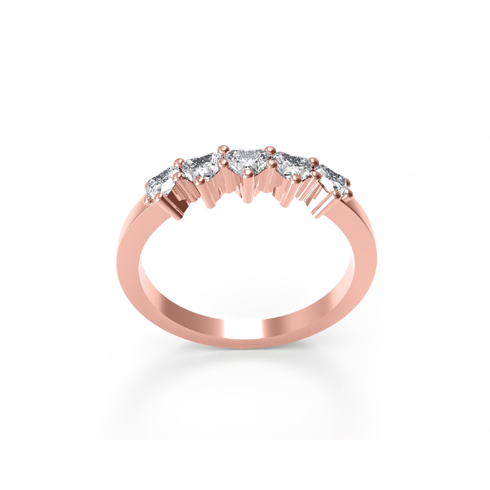 RKC Moissanit-Ehering mit fünf Herzschliff, 14 Karat Gelbgold plattiert, 925er Silber, Damenring, Gewicht 2 g, Breite 2 mm