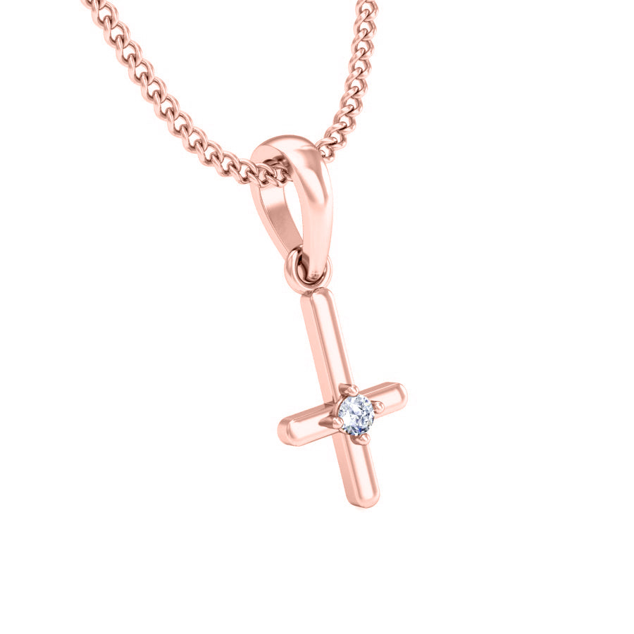 RKC Ciondolo in moissanite da donna in argento 925 con croce religiosa da 0,015 ct, placcato in oro giallo 14 carati, peso 2,4 g, altezza 15 mm