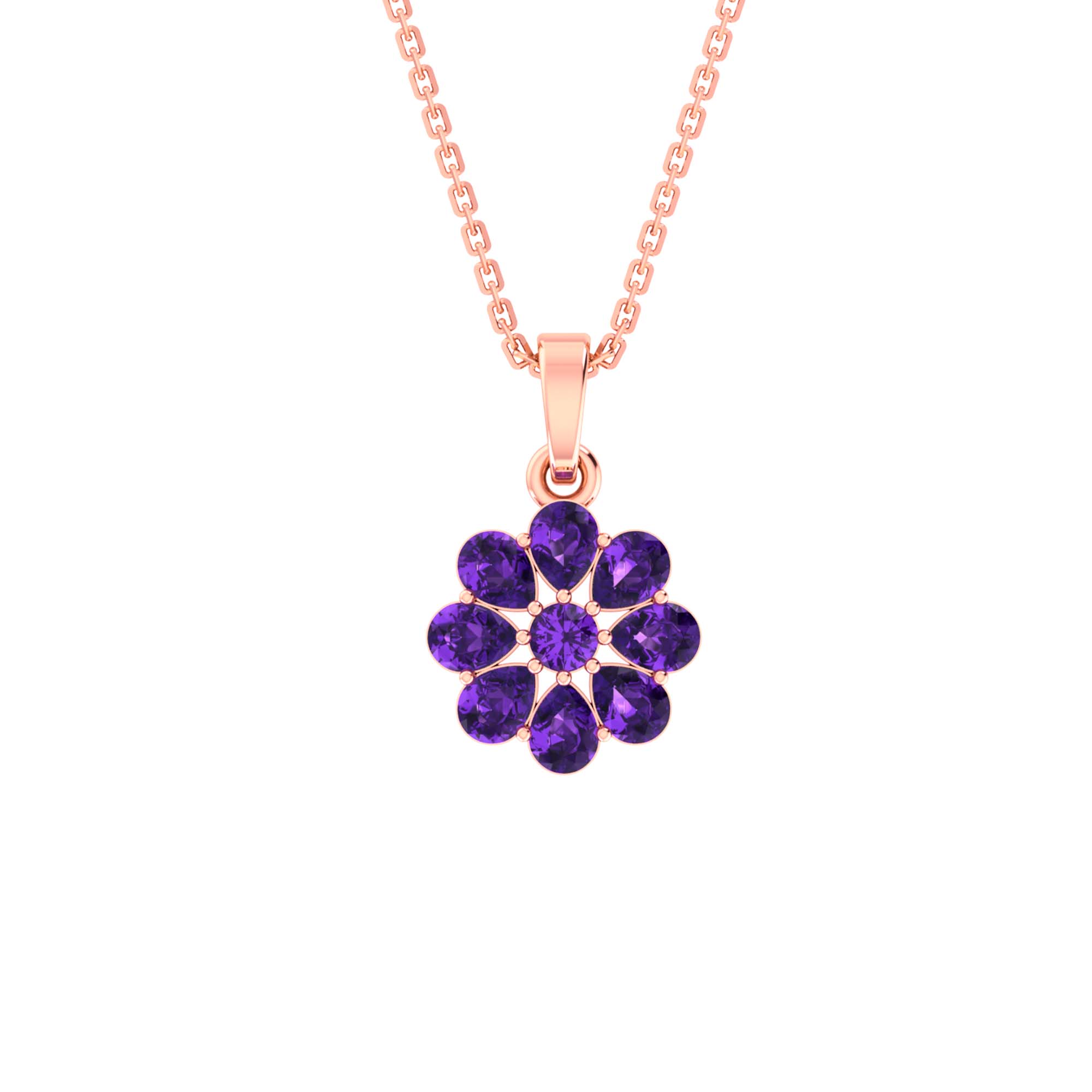 RKC Silver Pear & Round Cut Sapphire Flower Pendant With Link Chain Gold Plated
