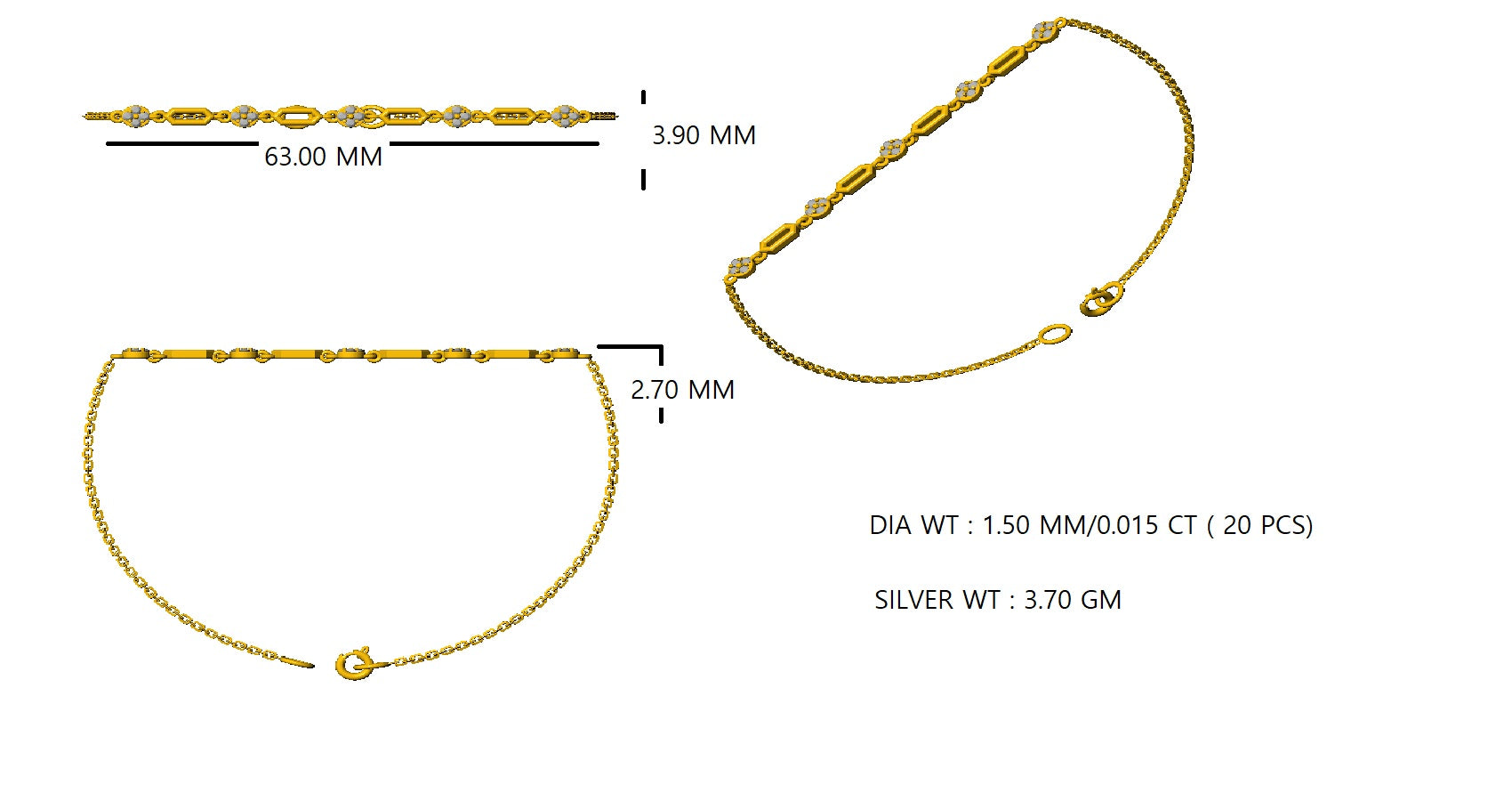 RKC 925 Sterling Silber 0,3 CT Edelstein für Damenarmband, 14 Karat Roségold vergoldet, Gewicht 3,70 GM