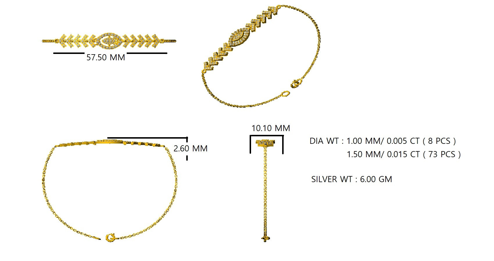 Pietra preziosa RKC in argento sterling 925 da 1,1 CT per bracciale da donna Placcato in oro giallo 14 carati Peso 6,00 GM