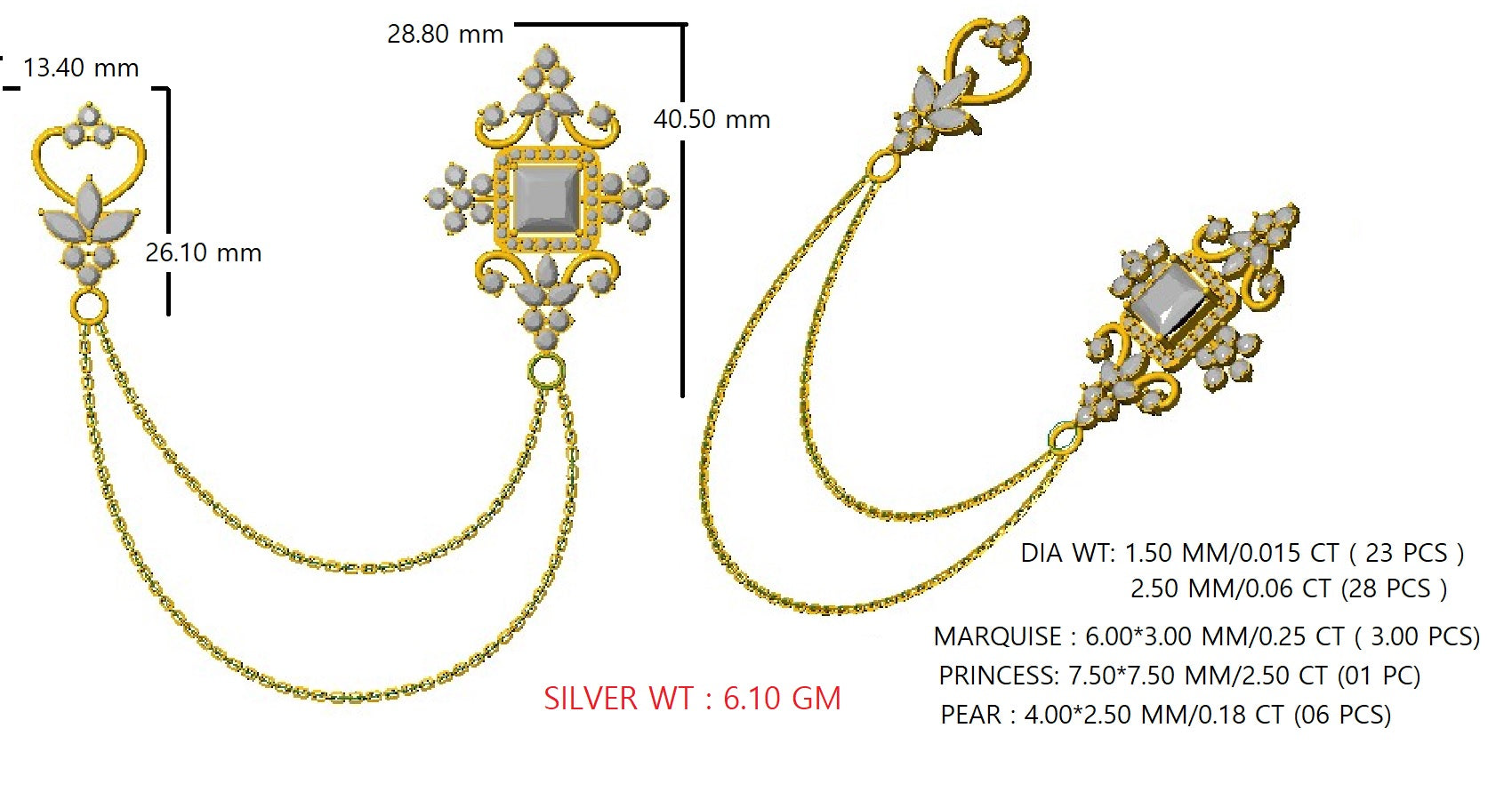 Spilla RKC Moissanite in argento sterling 925, prodotto placcato in oro rosa 14 carati, peso 6,10 GM, altezza 40,50 MM
