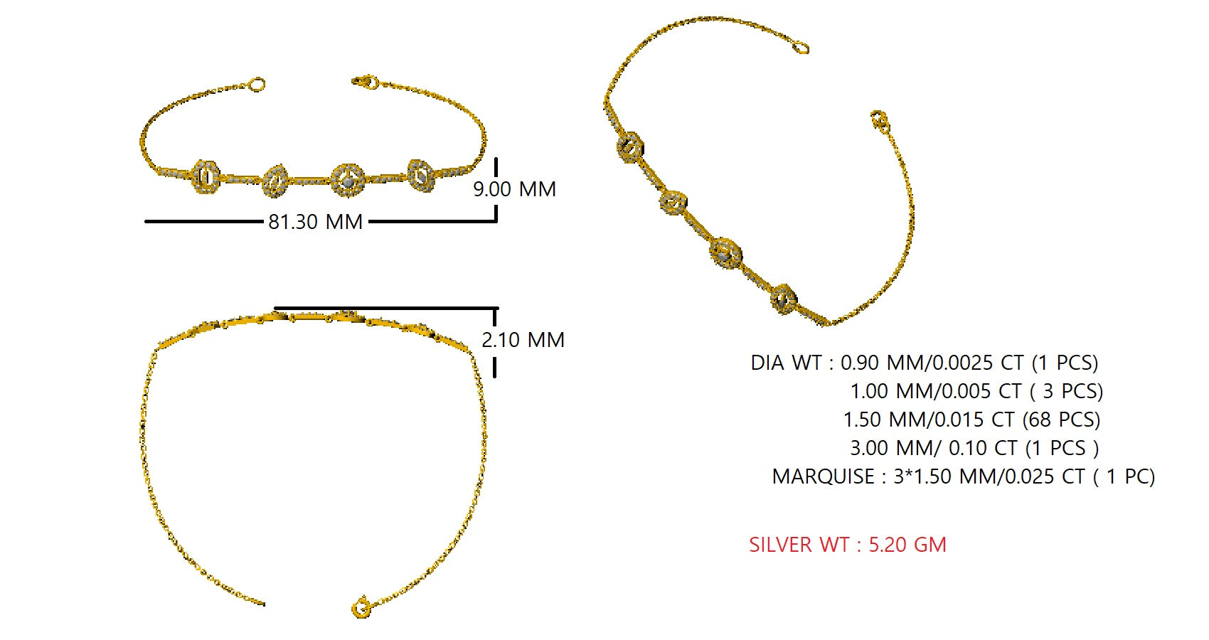 RKC Damenarmband aus 925er-Sterlingsilber, 1,16 Karat, 14 Karat Weißgold vergoldet, Gewicht 5,20 g, Höhe 81,30 mm