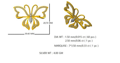 Spilla a farfalla in argento sterling 925 con moissanite da 0,96 ct, prodotto placcato in oro rosa 14 carati, peso 4,00 g