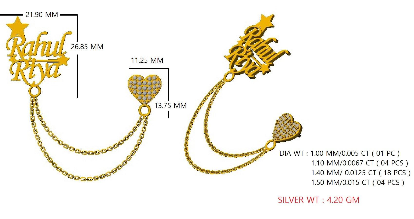 Spilla RKC Moissanite in argento sterling 925 placcata in oro giallo 14 carati Peso del prodotto 4,20 GM Altezza 26,85 MM