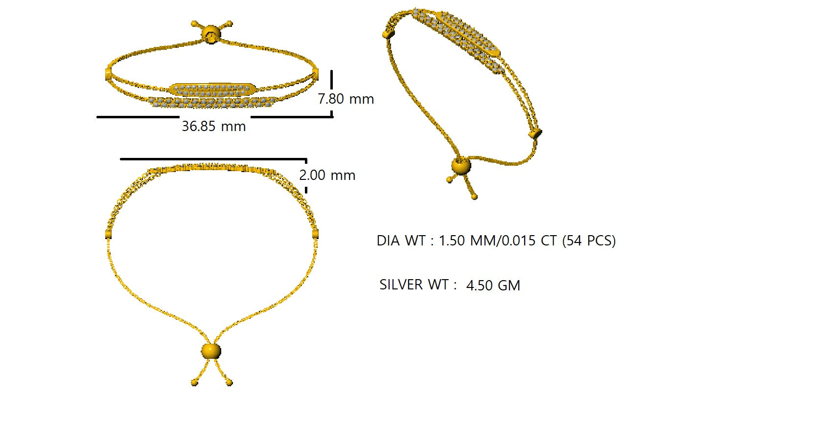RKC Damen-Armband aus 925er-Sterlingsilber mit 0,81 Karat Moissanit, 14 Karat Gelbgold vergoldet, Gewicht 4,50 g, Höhe 36,85 mm