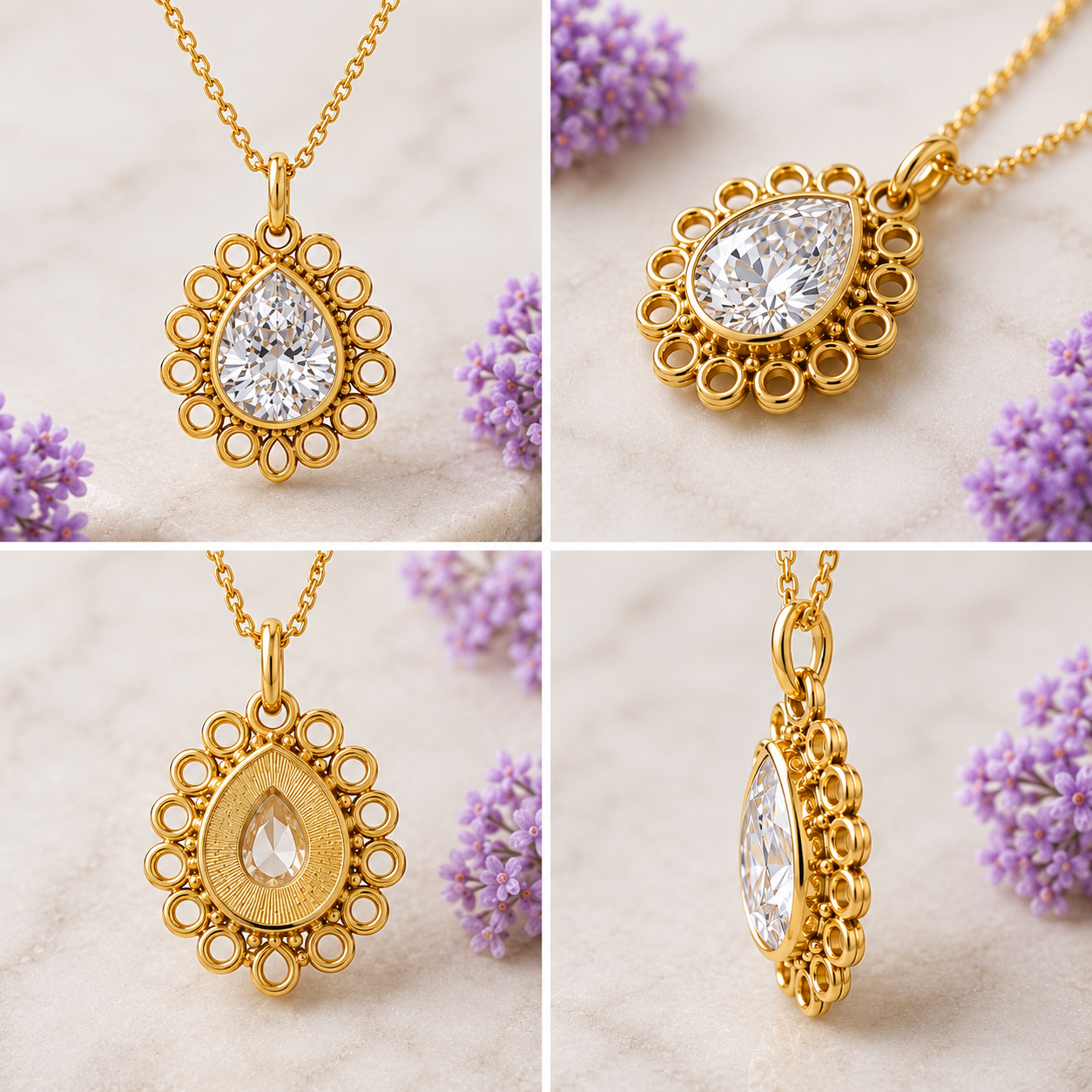 A four-panel collage showing a gold pendant necklace from multiple angles. The pendant has an ornate filigree border and a clear teardrop-shaped gemstone.