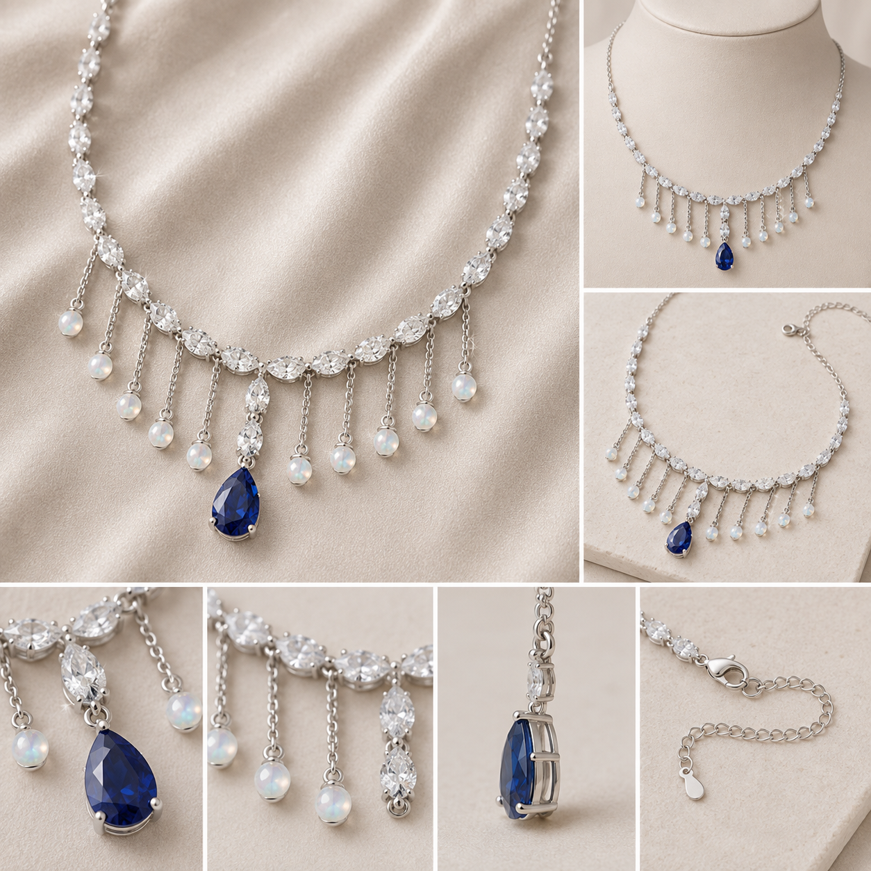 Silver-tone statement necklace with clear cubic zirconia stones, white pearl-like drops, and a teardrop-shaped dark blue gemstone pendant, shown in multiple close-up and full views on a beige fabric background.