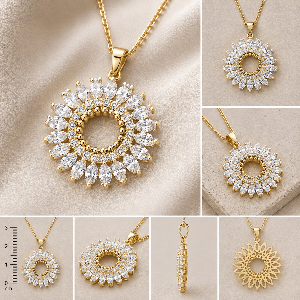 A collage of product views showing a gold pendant necklace with a circular sunburst design set with clear stones. The main view shows the pendant on a chain against a beige satin background, with smaller views from different angles and a scale marker in centimeters.