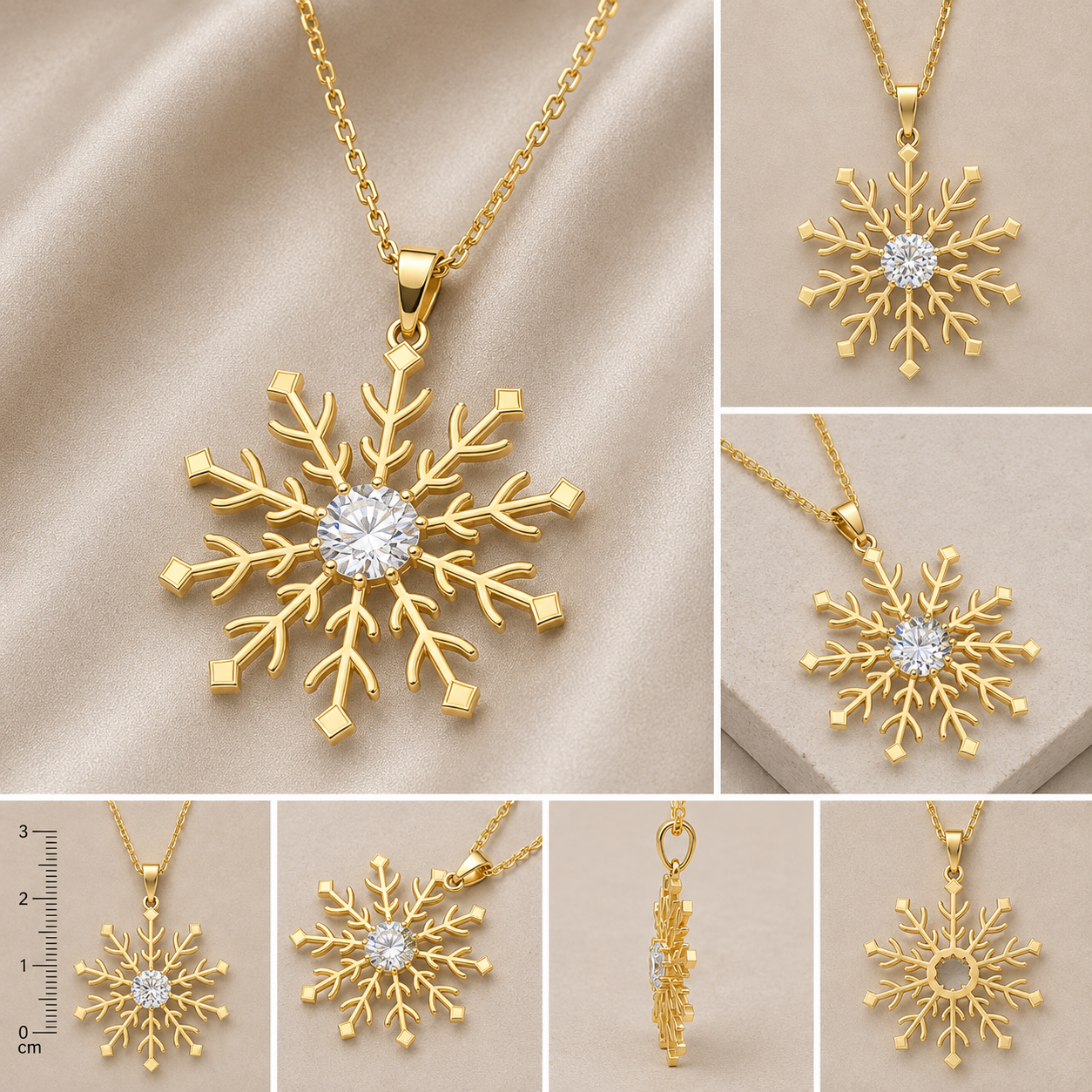 A collage showing multiple views of a gold snowflake pendant necklace with a clear round center stone, displayed on a beige fabric and block background.