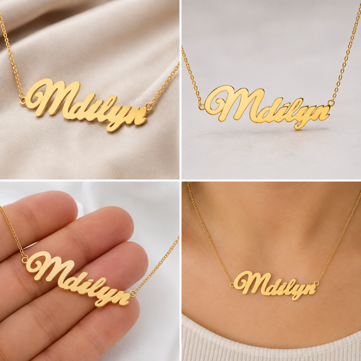 A four-panel collage showing a gold name necklace with the script name 'Mdllyn'. The panels include close-ups of the necklace on draped satin fabric, worn on a person's neck, and held in a person's hand to show scale.