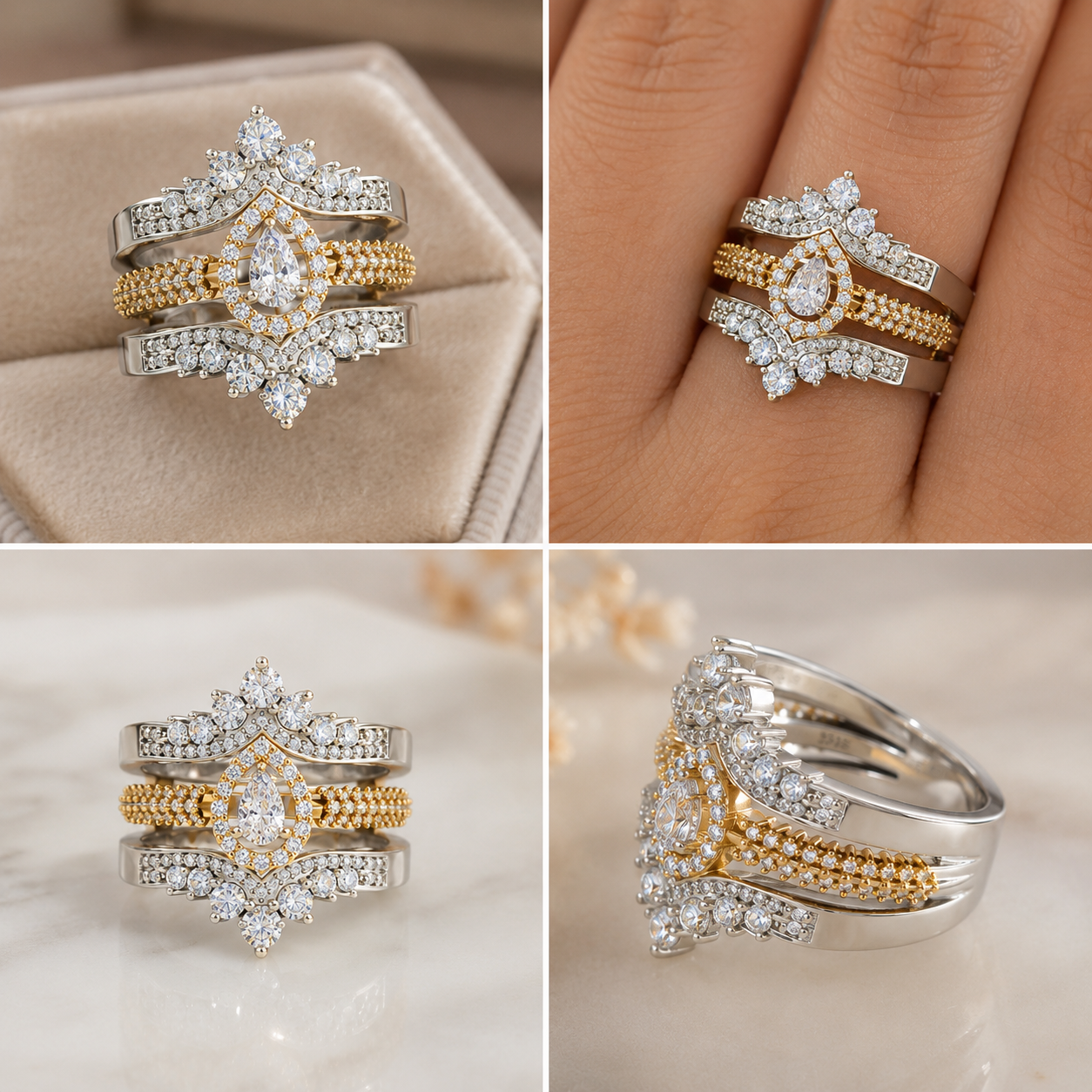A four-panel collage showing a silver and gold ring set with clear gemstones, including close-up views on a display cushion and worn on a hand.