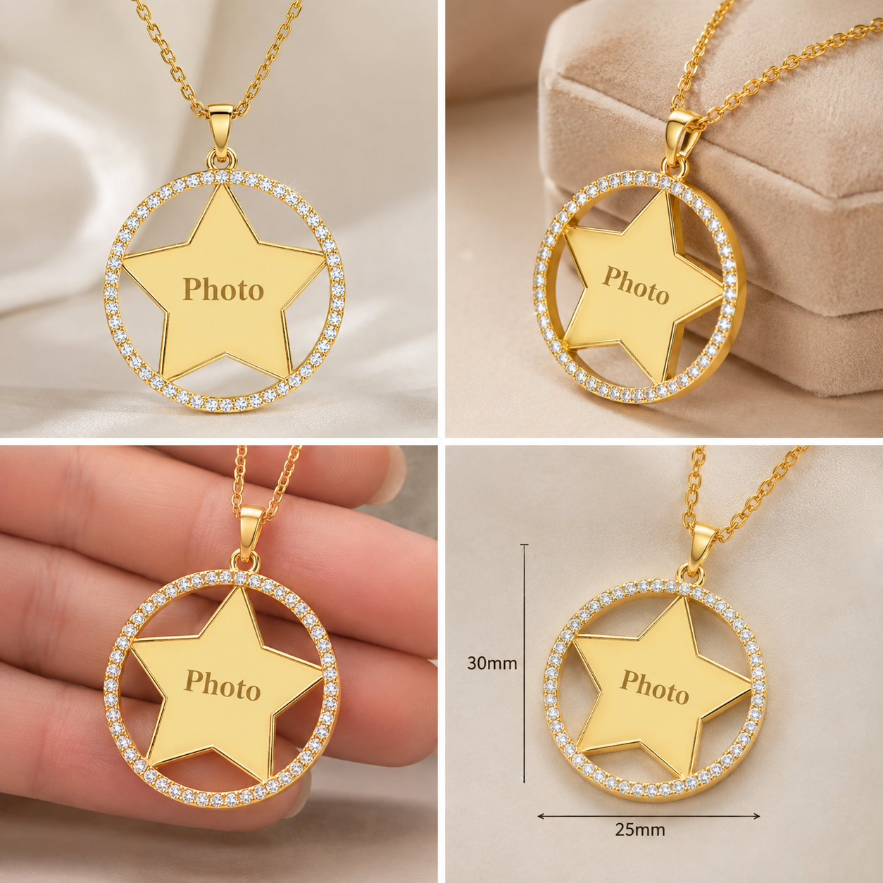 Four-panel collage showing a gold necklace with a circular pendant and star-shaped center engraved with the word 'Photo.' The pendant is bordered with small clear stones.