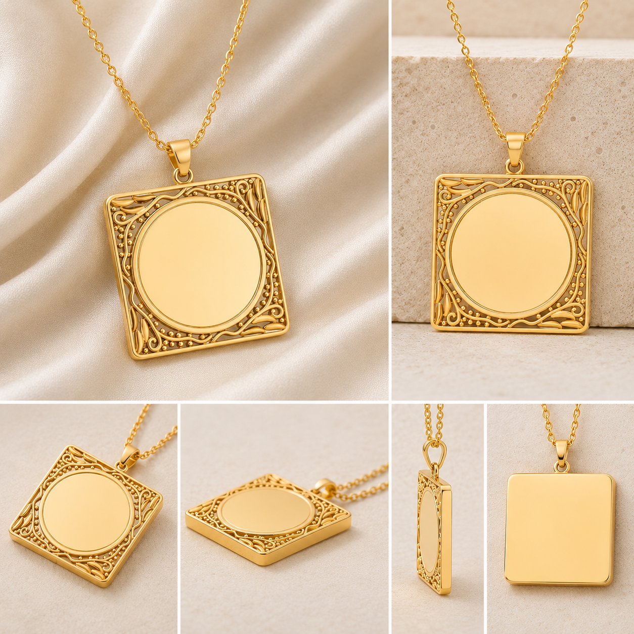 A collage of six product views showing a gold square pendant necklace with an ornate filigree border and a blank circular center, displayed on a cream satin fabric and stone surface.