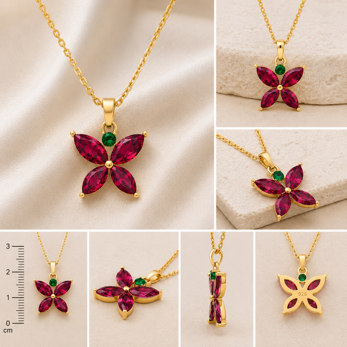 A collage showing multiple views of a gold-tone flower pendant necklace with four deep pink marquise-cut stones and a small green round stone at the center, displayed on a cream satin background with a size ruler in one panel.