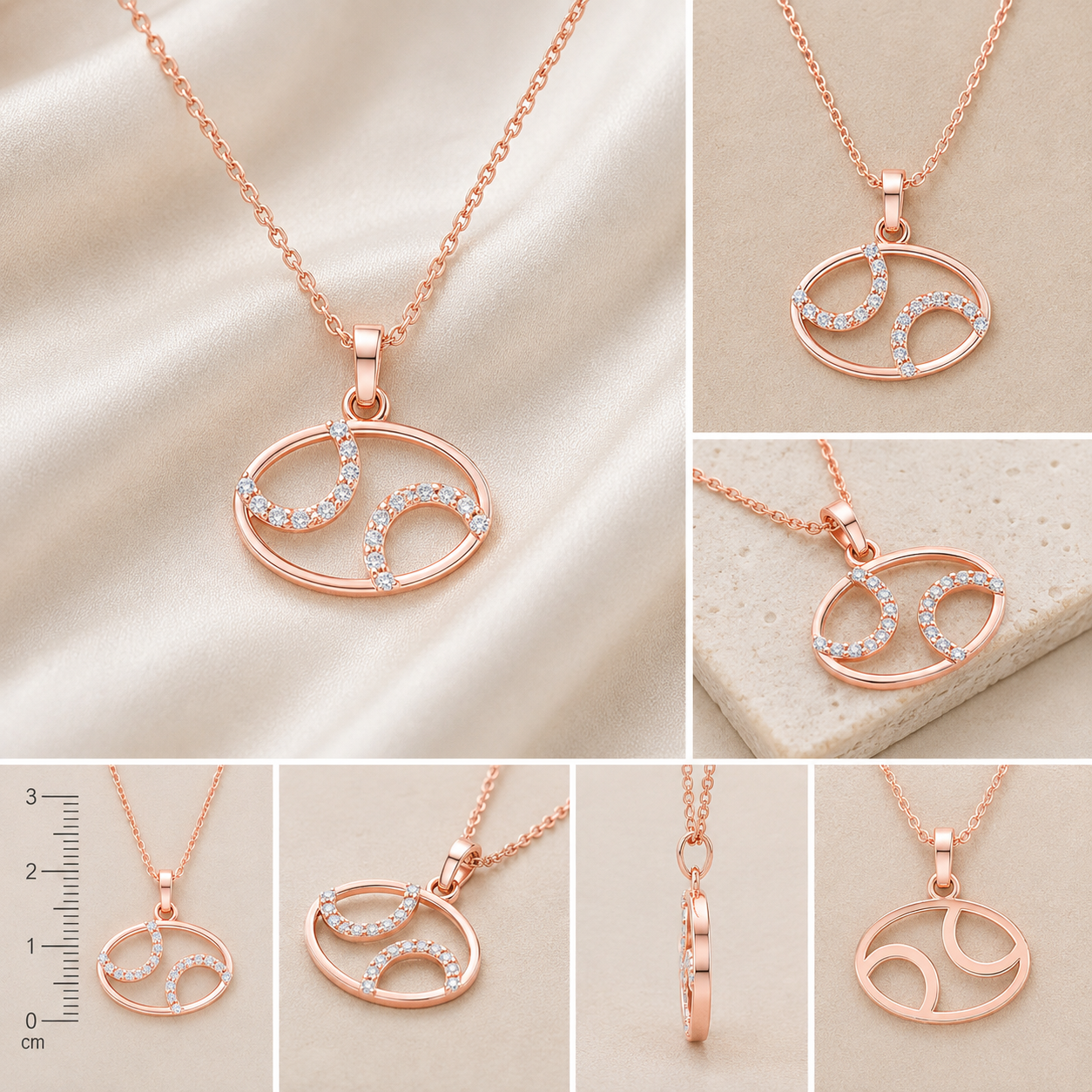 Rose gold necklace with a triple-curve pendant set with small clear stones, shown in multiple views on a light fabric and stone background.