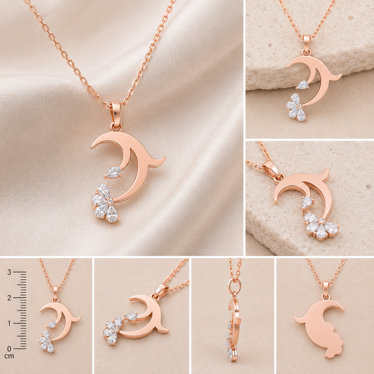A collage showing multiple views of a rose gold crescent moon and star pendant necklace with small clear crystal accents, displayed on beige fabric and stone backgrounds with a ruler for scale.