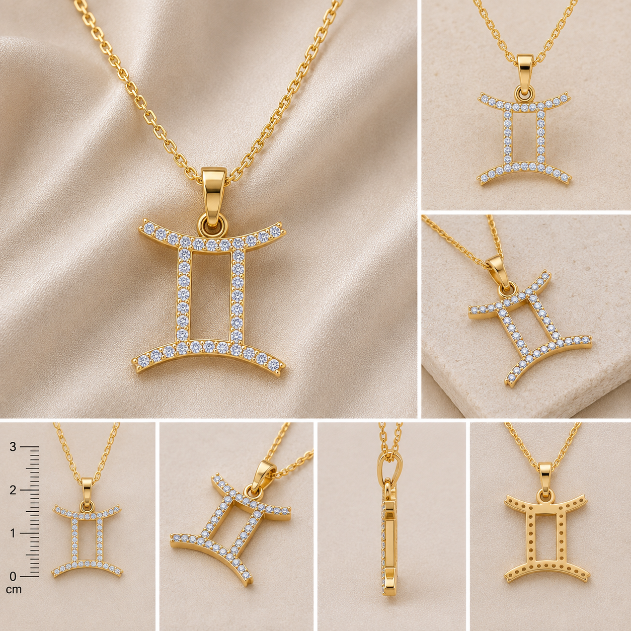 A collage showing a gold-tone pendant necklace with a Gemini zodiac symbol, decorated with small clear stones. The main image shows the necklace on a beige satin fabric background, with six additional close-up views around it, including a ruler scale on the left.